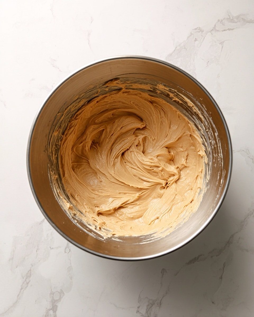 The image shows a small round pie with a golden brown crust as the bottom layer, topped with a smooth, light brown creamy filling that is spread evenly. On top of the filling, in the exact center, there is a dollop of white whipped cream piped with a ridged texture, forming a swirl pattern. To the left of the pie, there is a white piping bag with a metal tip resting on a white marbled surface. photo taken with an iphone --ar 4:5 --v 7
