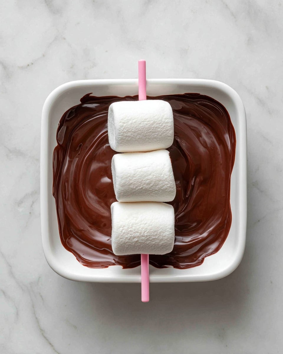 The image shows six marshmallows on sticks, each covered in a smooth layer of chocolate with small pink, red, and white heart-shaped sprinkles scattered over the top. Three marshmallows are standing inside a small white gift box with red and pink