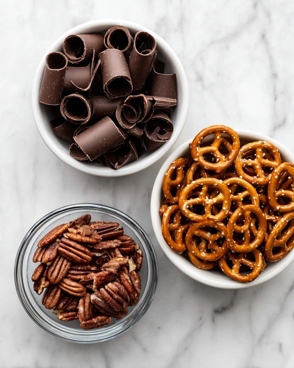 The image shows a silver baking tray with a sheet of white parchment paper on top, placed on a white marbled surface. On the parchment paper, there are twelve small snacks arranged in a 4 by 3 grid. Each snack has a base layer of a small brown twisted pretzel with a smooth, round piece of dark chocolate centered on top, creating a clear contrast between the light brown pretzels and the dark chocolate candy. The pretzels have a crunchy texture and the chocolates are glossy and neat. The setup is clean and organized, ready for baking or serving photo taken with an iphone --ar 4:5 --v 7