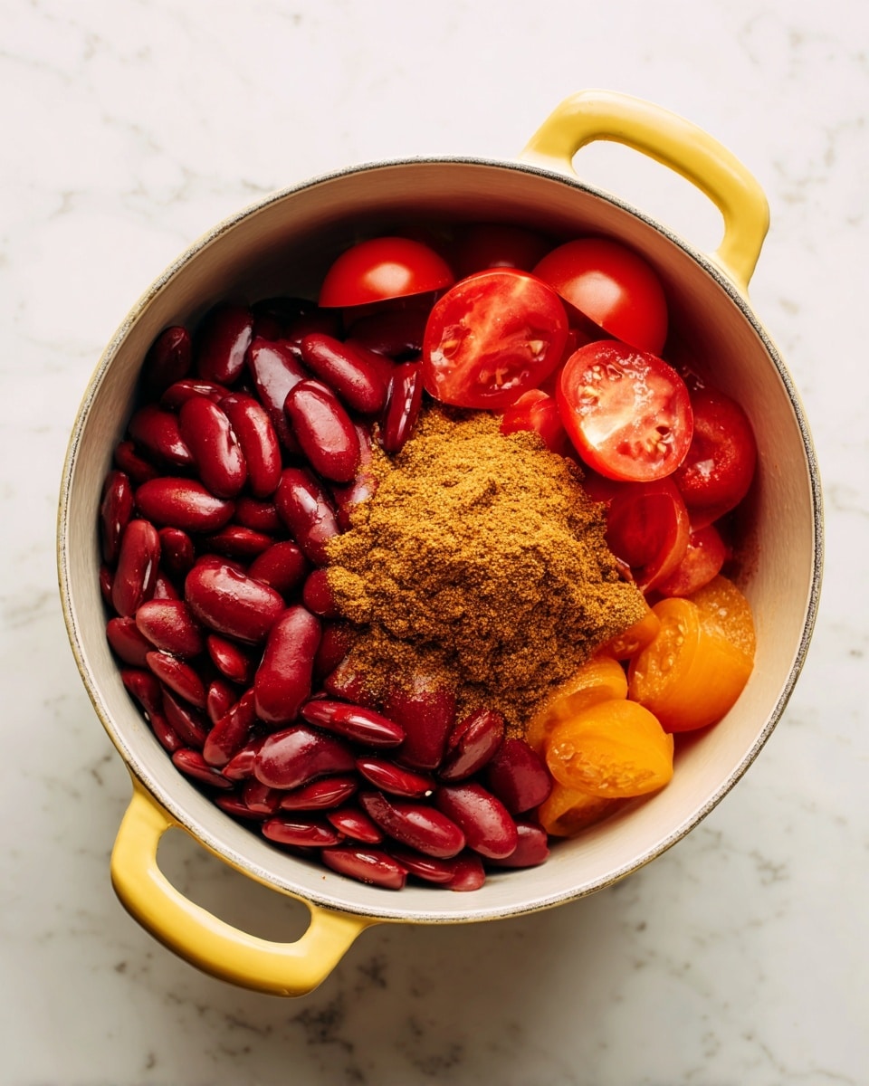 A white bowl filled with thick chili showing a deep red tomato sauce base mixed with several layers of large kidney beans, small brown beans, and chunks of ground meat in a textured, hearty stew. There are visible small pieces of carrots and a whole peeled tomato in the mix, giving spots of bright orange and red throughout. The white bowl sits on a white marbled surface with a black and white checkered cloth loosely folded behind it. The photo taken with an iphone --ar 4:5 --v 7