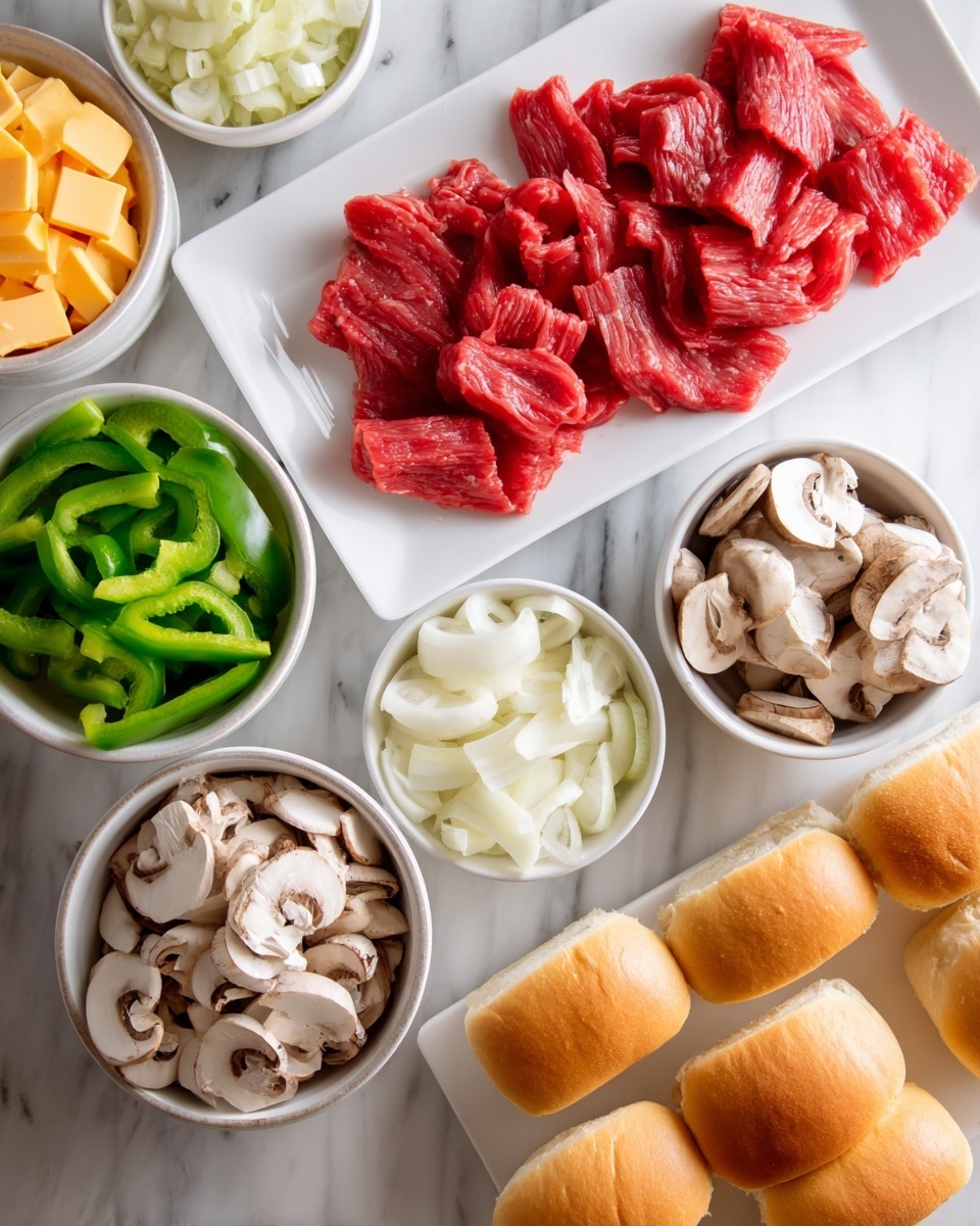 The image shows ingredients arranged on a white marbled surface. In the center, there is a white rectangular plate with thin slices of raw red meat. Around it are small white bowls holding green bell pepper strips, white onion slices, sliced mushrooms, diced yellow cheese cubes, and chopped red tomatoes. Four golden brown sandwich rolls are placed on the surface near the bowls. The overall view is bright and clean, with the colors of the fresh ingredients standing out against the white background. Photo taken with an iphone --ar 4:5 --v 7