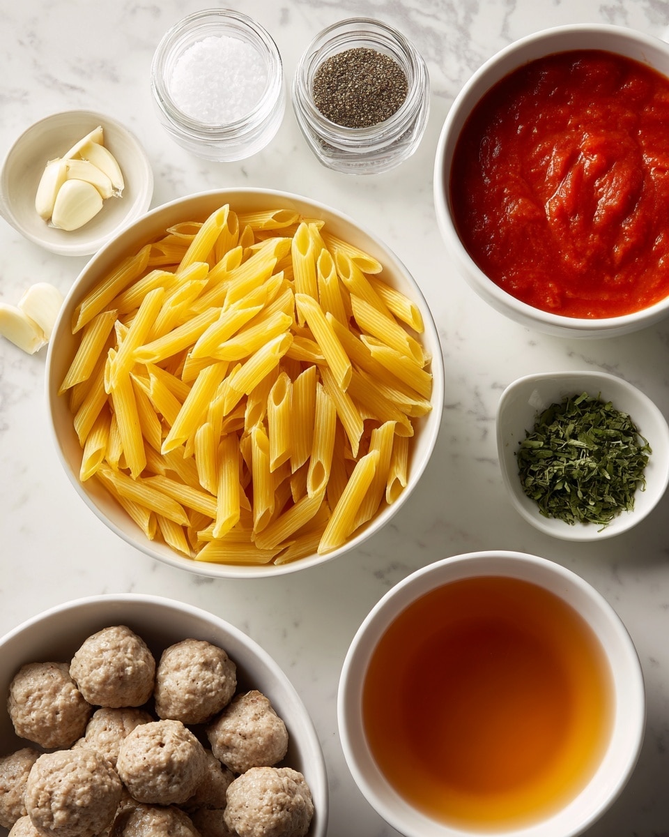 The dish shows a white rectangular baking dish filled with cooked penne pasta and round meatballs in a rich, bright red tomato sauce. The pasta is a mix of yellow and green colors with the yellow penne more visible on top, scattered throughout the sauce. The meatballs are light brown with a soft texture and spread evenly across the dish, partially covered by the sauce. The white marbled surface beneath the dish is slightly visible around the edges. photo taken with an iphone --ar 4:5 --v 7