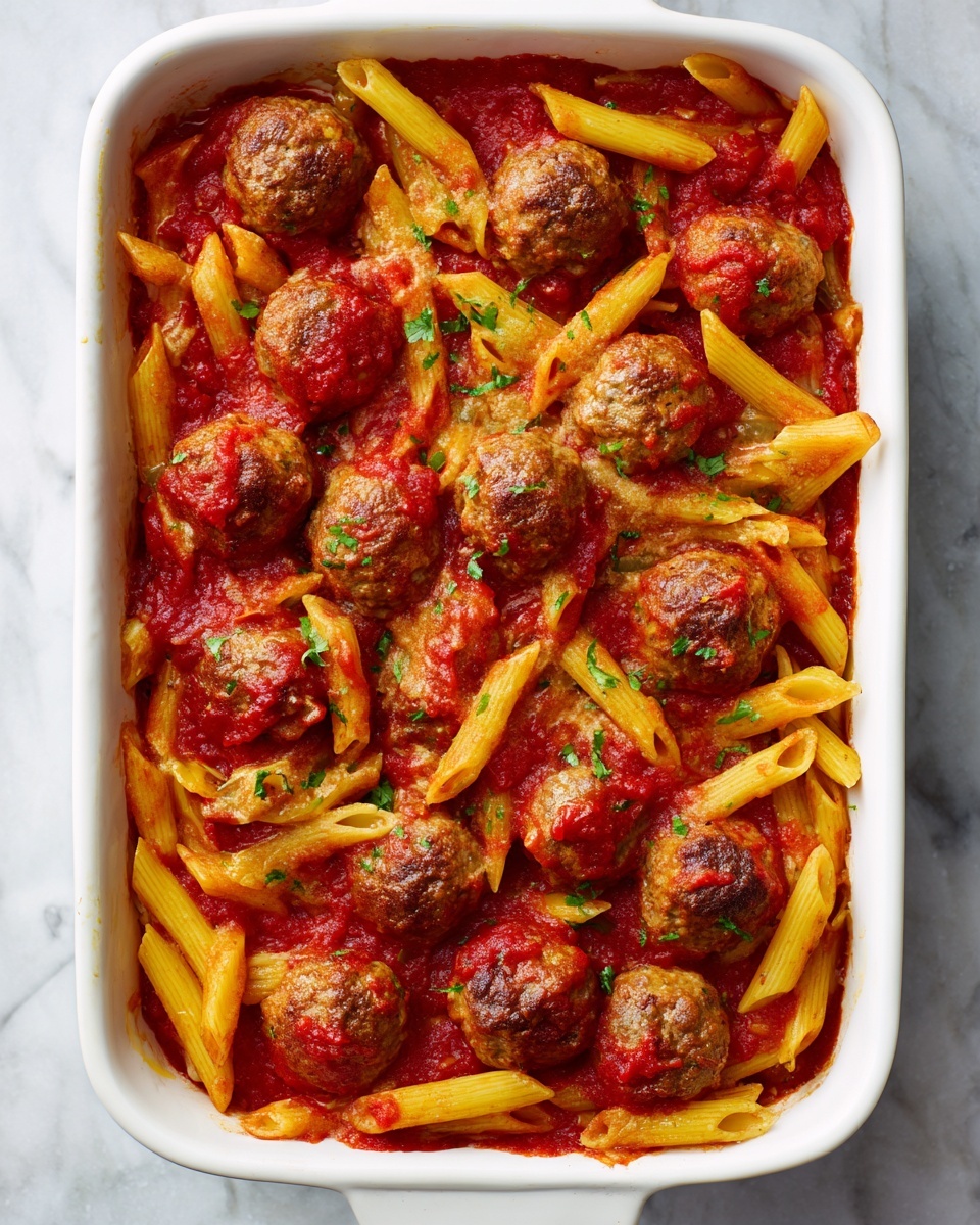 A white rectangular baking dish filled with a baked pasta and meatball dish is shown. The first layer at the bottom consists of orange-red pasta with visible ridges, likely cooked rotini, covered partially by a layer of melted white cheese that spreads unevenly across the top. Scattered on and mixed within the cheese are small, round, golden-brown meatballs with a slightly crispy texture. Bright green chopped parsley is sprinkled generously over the entire dish for a fresh color contrast. The white marbled surface underneath the dish adds brightness to the setting, and a silver serving spoon is placed inside the dish on the right side. Photo taken with an iphone --ar 4:5 --v 7