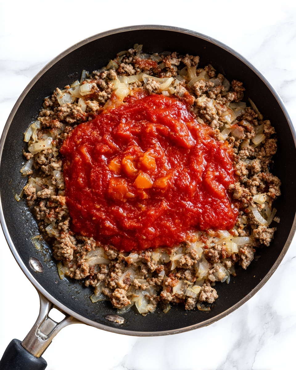 The dish is a baked pasta casserole in a white rectangular dish. The top layer is made of twisted egg noodles mixed with melted yellow and white cheese, creating a rich, creamy texture with some crisped edges. Interspersed throughout are chunks of browned ground meat and red tomato pieces, giving spots of reddish color. Green herbs sprinkled on top add a fresh contrast. The casserole looks hot and freshly baked, with a mix of soft and slightly crunchy textures. The dish sits on a white marbled surface photo taken with an iphone --ar 4:5 --v 7