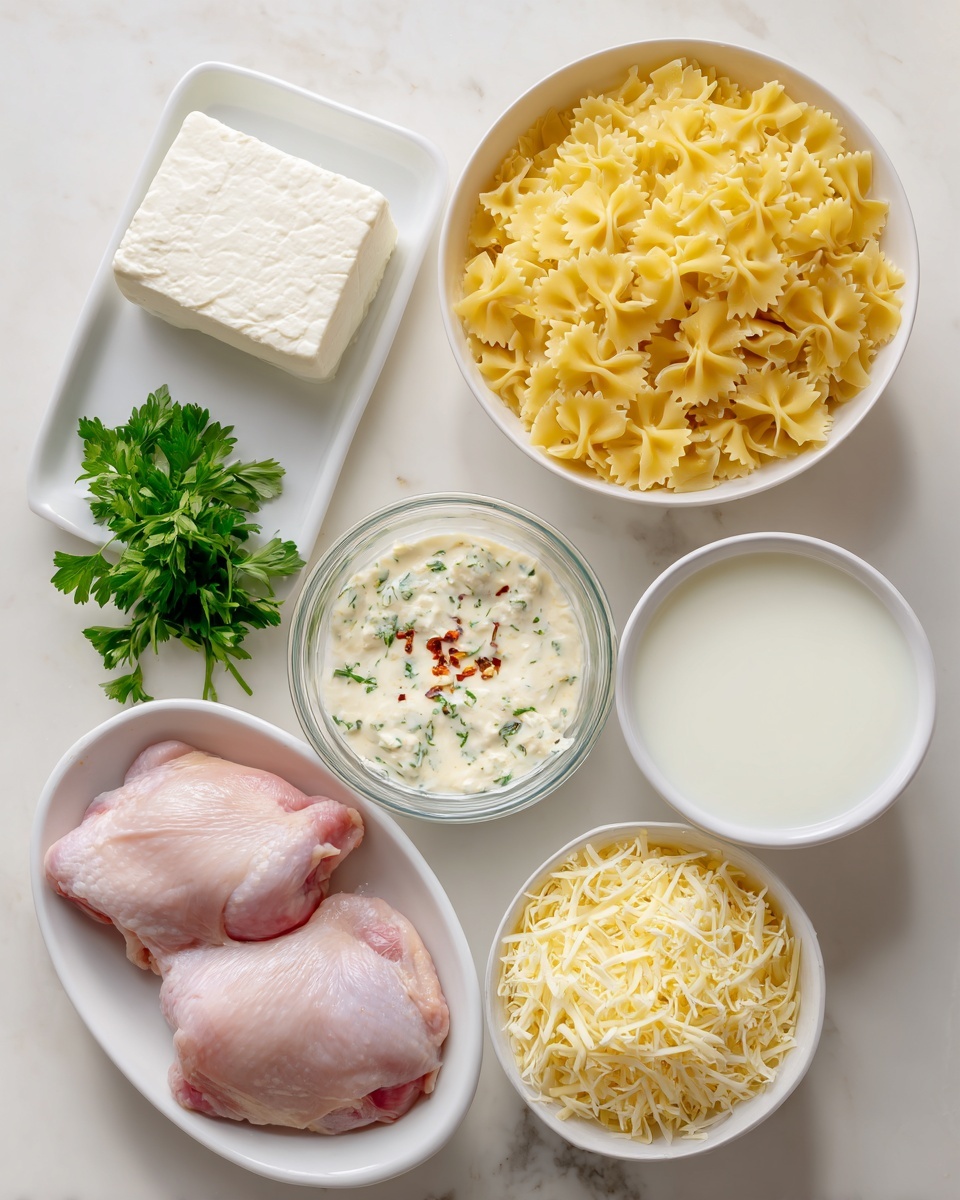 Inside a black slow cooker, there is a mixture of several layers. The bottom layer is small pink pieces of raw chicken, partially covered by a creamy yellow sauce with visible spices. On top of this, there is a small pile of shredded pale yellow cheese to the right and a solid white block of cream cheese placed in the center. Surrounding the chicken and sauces is some white liquid, possibly milk, filling the slow cooker base. The surface underneath the slow cooker is a white marbled texture photo taken with an iphone --ar 4:5 --v 7