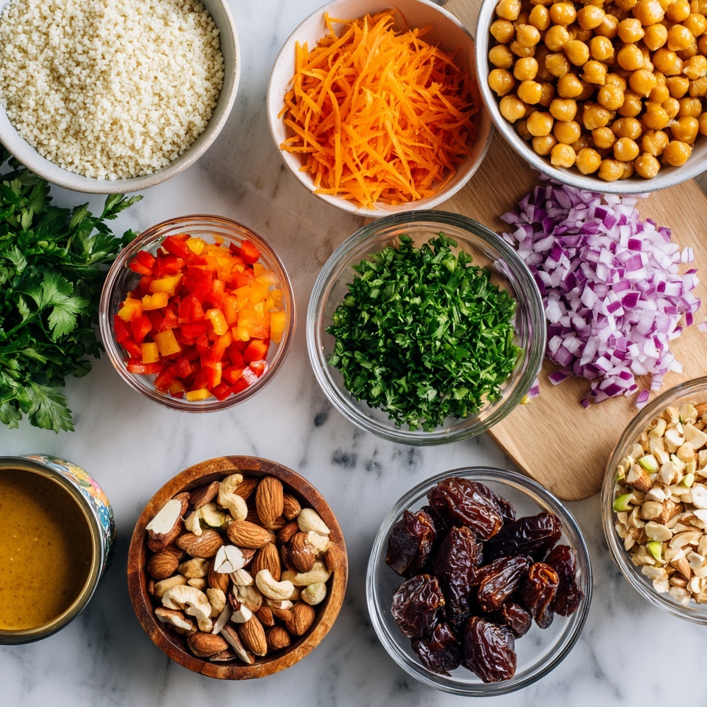A white bowl filled with layers of colorful fresh ingredients arranged separately in a circle, starting from the bottom with pale yellow chickpeas, finely chopped purple onions, dark green chopped herbs, thin orange carrot sticks, small dark brown nuts in the center, bright red chopped bell peppers on the right, and small off-white grains on the top right. A creamy yellow sauce is being poured over the center from a light beige speckled jug held by a woman's hand. The bowl sits on a white marbled surface with some scattered green herbs nearby. photo taken with an iphone --ar 4:5 --v 7