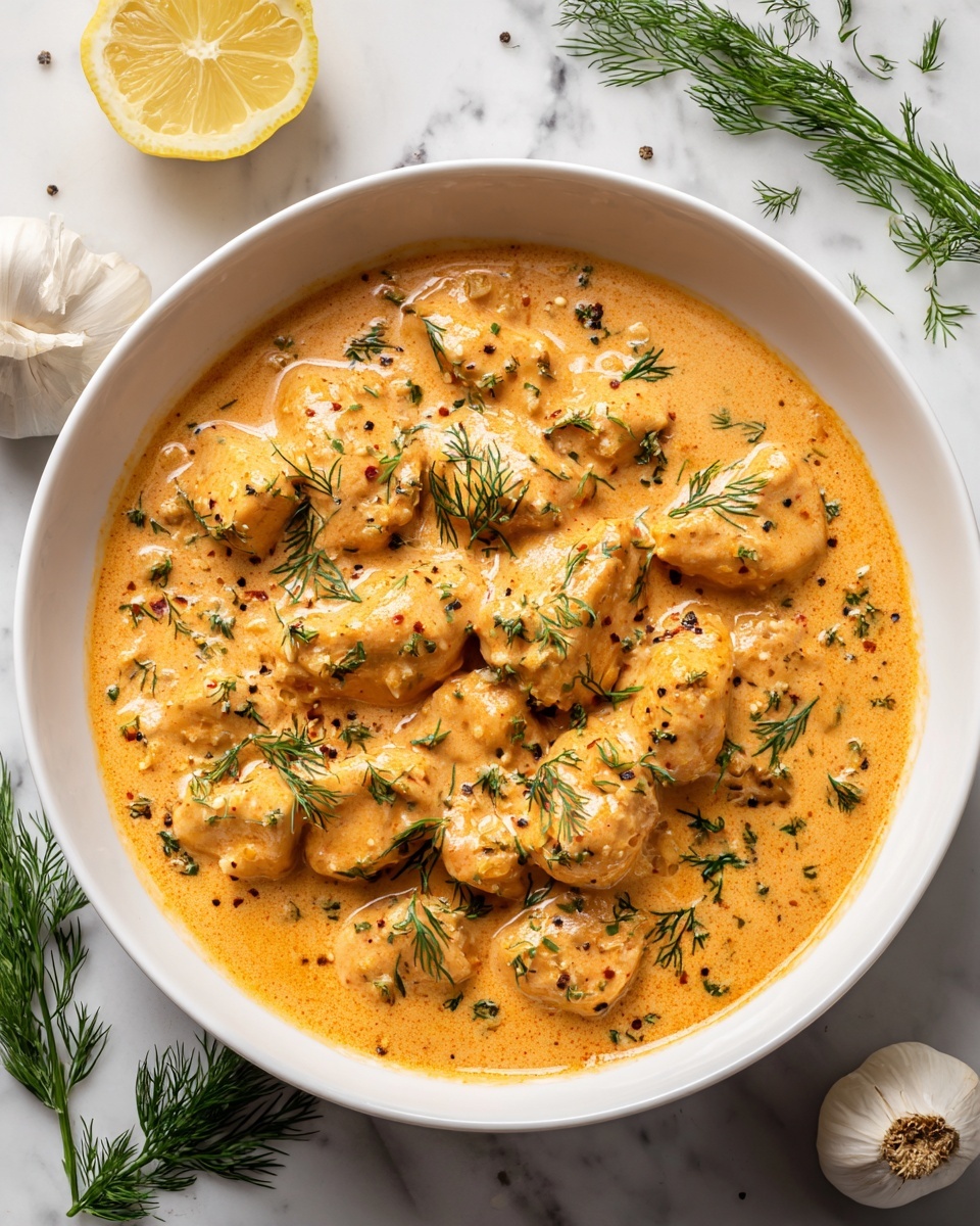 A white bowl filled with several layers of chicken pieces covered in a creamy orange sauce, speckled with small green dill leaves and black pepper. The sauce looks thick and smooth, with visible textures of the herbs mixed in. Around the bowl, there are small scattered dill sprigs, cloves of garlic, and a whole lemon, all set on a white marbled surface. The scene is bright and clear, showing the fresh ingredients and rich sauce textures clearly. photo taken with an iphone --ar 4:5 --v 7