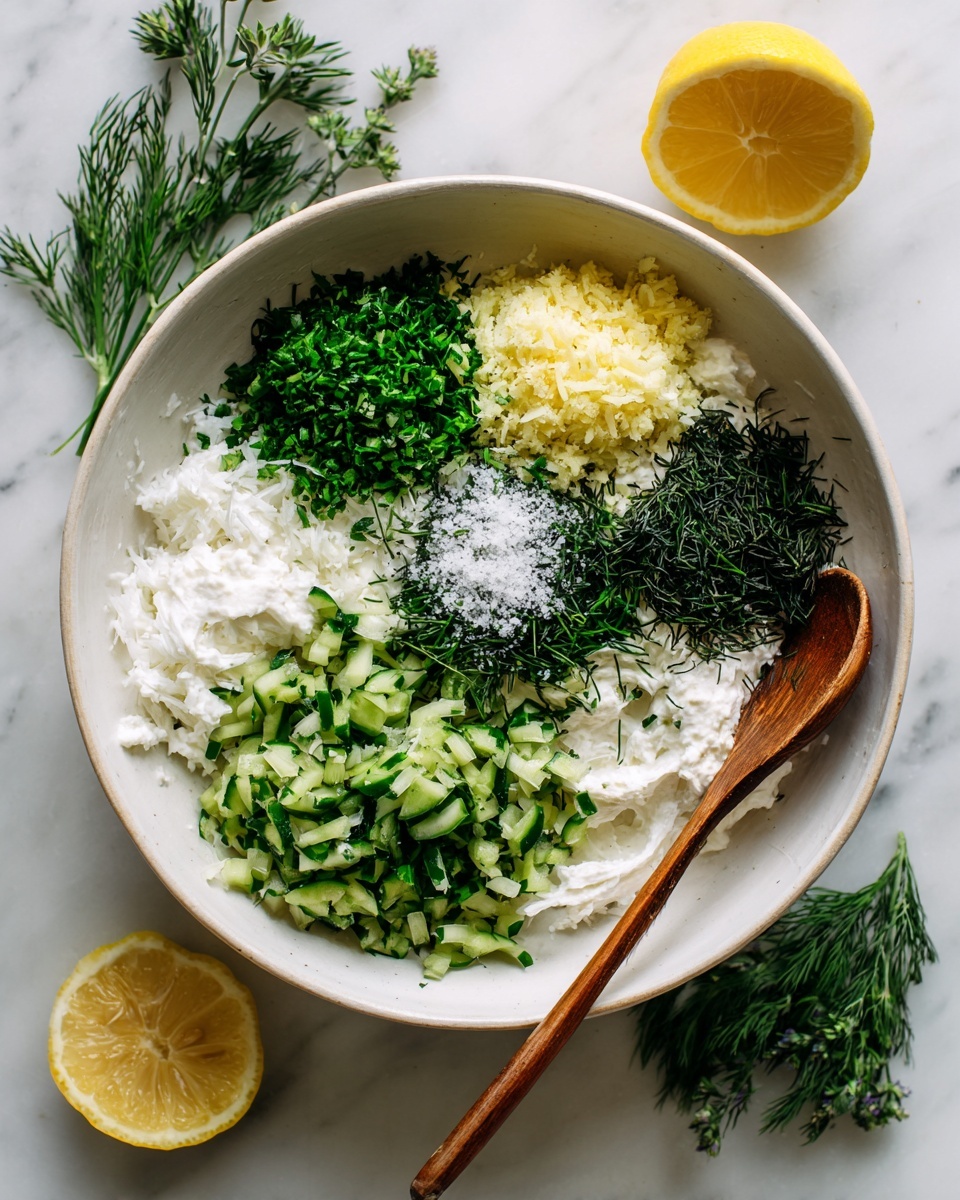 A white bowl shows five layers of ingredients starting with a thick white creamy base spread evenly around the bowl. On top of this base, there are five separate piles: finely chopped green herbs on the left side, a small mound of light yellow minced garlic in the middle, shredded pale green cucumber just above the garlic, a pile of dark green chopped dill slightly above the shredded cucumber, and a sprinkle of coarse white salt over the dill. A small wooden spoon rests partially in the dill on the right side of the bowl. Around the bowl are sprigs of fresh green herbs and half a lemon on a white marbled surface. Photo taken with an iphone --ar 4:5 --v 7