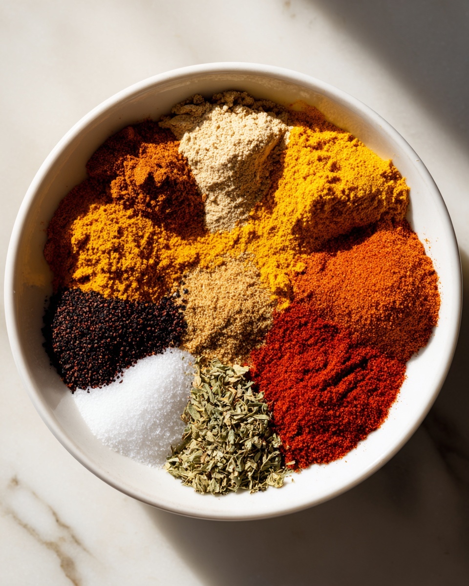 A white bowl holds nine small piles of spices arranged in a circular pattern. Starting from the top going clockwise, there is a light brown powder, a pale yellow powder, a dark reddish-brown powder, a coarse black and white pepper mix, a mustard-yellow powder, a bright red powder, white salt, a deep red powder, and a green herb mix with small leaves in the center overlapping some powders. The bowl sits on a white marbled surface with soft lighting casting faint shadows inside the bowl photo taken with an iphone --ar 4:5 --v 7