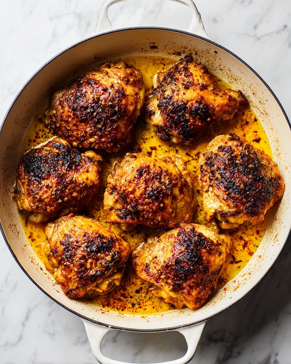 A white pan filled with seven pieces of golden brown cooked chicken, each piece showing a crispy, seasoned crust with darker charred spots and glistening with orange oil and juices pooling around them; the chicken pieces are arranged loosely in a circle inside the pan, which has two handles on opposite sides, all set against a white marbled surface. photo taken with an iphone --ar 4:5 --v 7