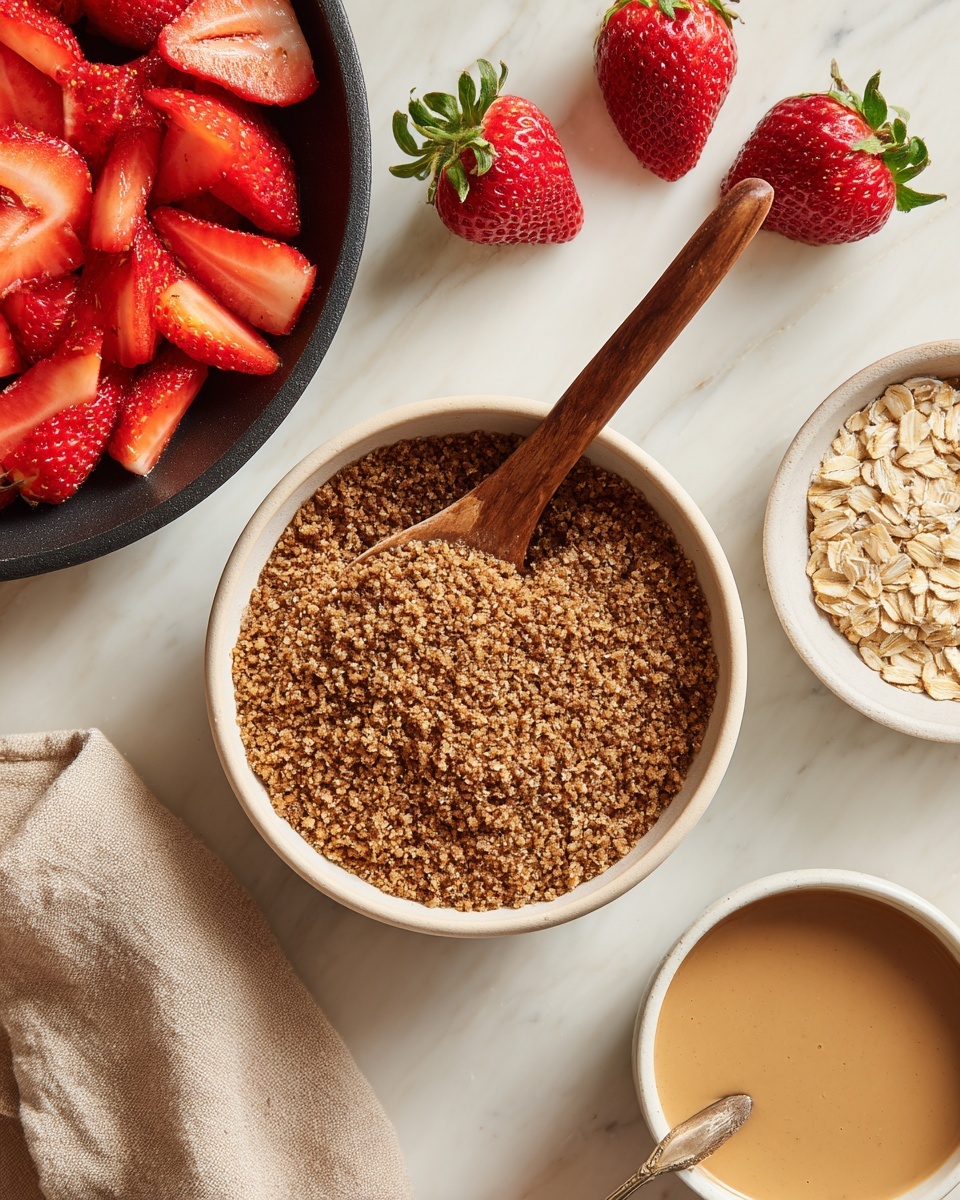 A white bowl is filled with crumbled brown oat mixture that looks rough and grainy, with a wooden spoon resting inside the bowl on the left side. To the top left, there is a black pan filled with bright red, sliced strawberries with shiny textures. Around the bowl, a few whole strawberries with green tops are placed on a white marbled surface. Towards the right side, there is a small white bowl with dry oat flakes and another white bowl below it containing smooth, light brown sauce with a spoon inside. A beige cloth is visible on the bottom left corner. Photo taken with an iphone --ar 4:5 --v 7