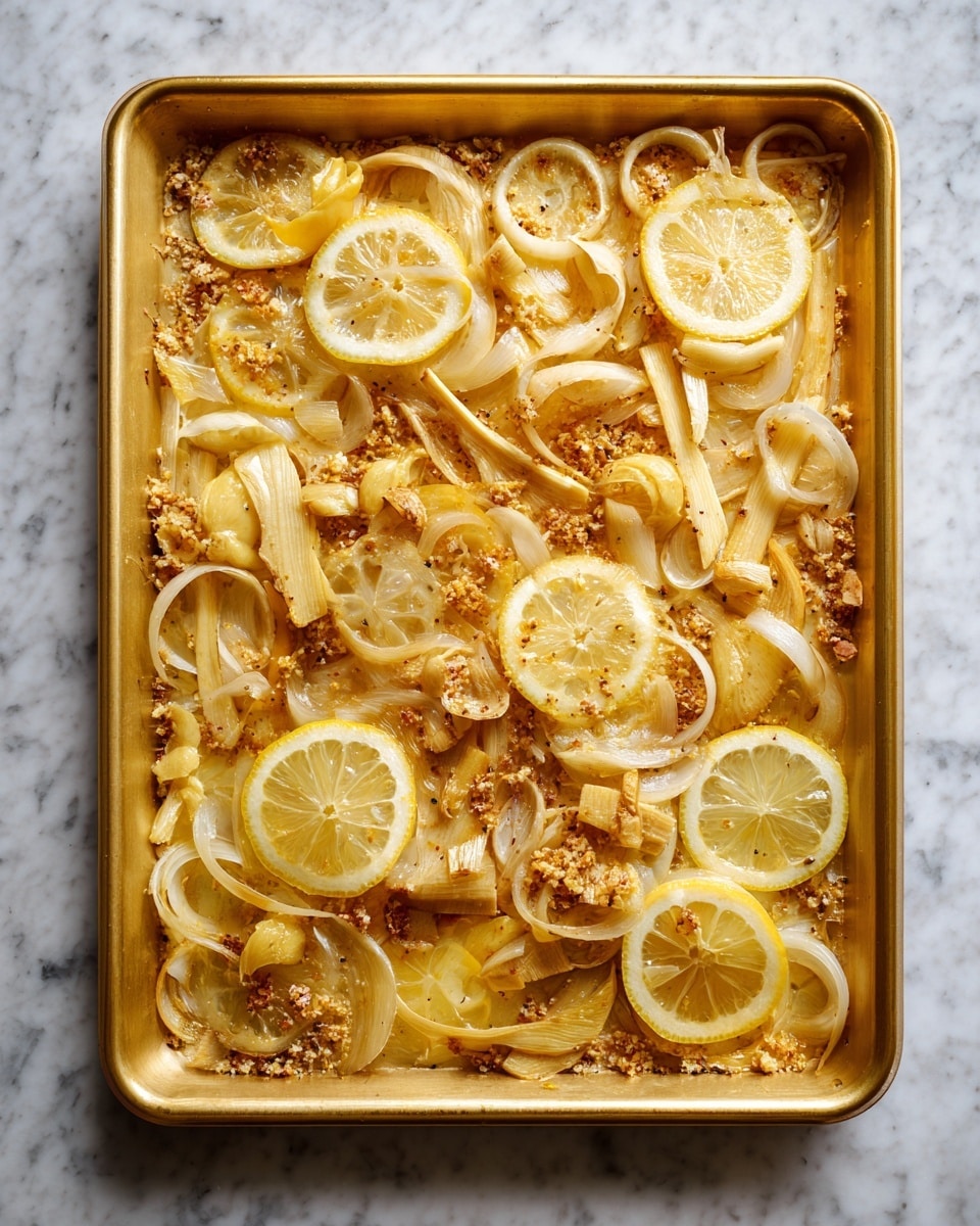The image shows a gold-colored baking tray filled with several layers of food arranged loosely: the bottom layer consists of thin, light yellow lemon slices with visible seeds and rind, scattered evenly. The middle layer contains pale yellow, curved onion rings spread across the tray, some overlapping the lemon slices. The top layer features finger-like, slightly shiny roots with a light beige to tan color and some darker spots. The tray has some small bits of minced garlic and seasoning scattered throughout. The background is a white marbled surface. photo taken with an iphone --ar 4:5 --v 7