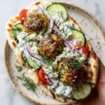 Herby Chicken Meatball Pitas with Jalapeño Tzatziki Recipe