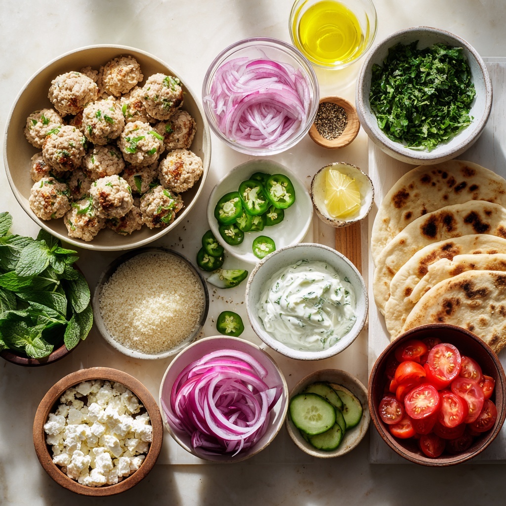 A clear glass bowl on a white marbled surface holds many colorful ingredients in neat sections. On the right, a raw egg with a bright orange yolk rests next to pale raw minced meat. Above the minced meat, a pile of finely chopped dark green herbs sits. Near the center is a small heap of white salt and darker ground pepper sprinkled next to dried green spices. To the left, there are chopped red onions with purple and white pieces. Below that, a pile of fresh green dill leaves sits on top of a layer of pale breadcrumbs. Near the egg, finely chopped white garlic adds texture, and a small amount of bright yellow lemon zest is placed between the herbs and garlic. The clear bowl and vibrant ingredients stand out against the white marbled surface. photo taken with an iphone --ar 4:5 --v 7