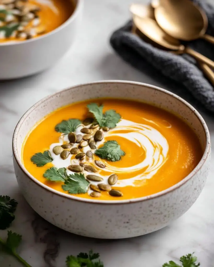 Creamy Roasted Pumpkin Soup with Coconut Milk and Spiced Pumpkin Seeds Recipe