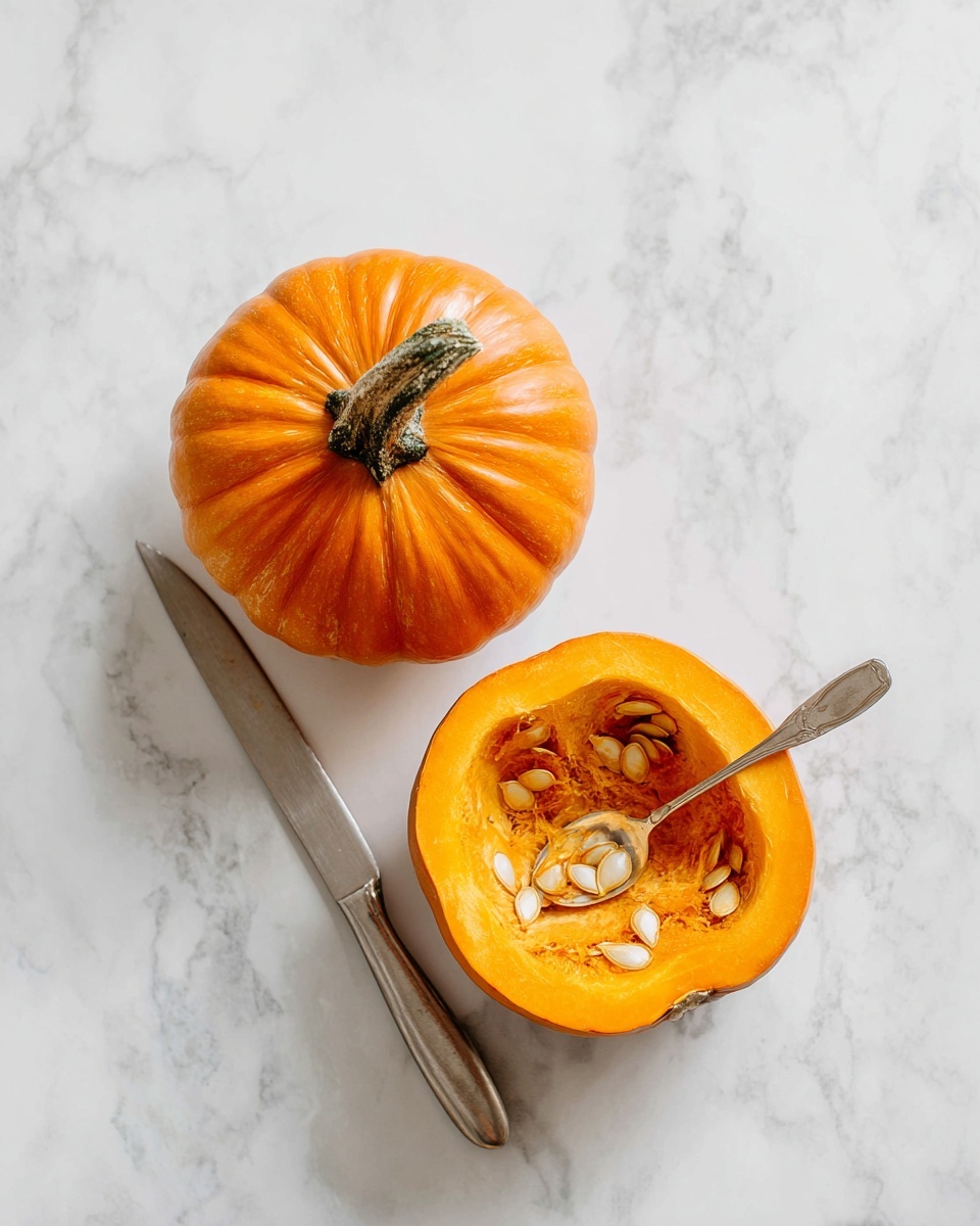 The image shows a small round orange pumpkin placed on a white marbled surface. On the left side, a sharp knife is positioned against the pumpkin near the top stem, about to slice through it. On the right side, the pumpkin is cut in half, showing its bright orange inside filled with fibrous strands and light tan seeds. A silver spoon is inside the pumpkin half, scooping out the seeds and fibrous parts. The pumpkin's skin is smooth and shiny with a rough green stem on top. Photo taken with an iphone --ar 4:5 --v 7