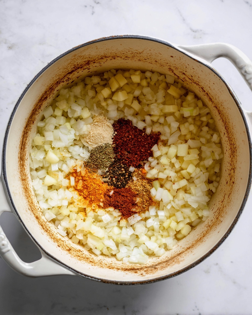 Inside a white pot, there is one layer of small white and light yellow chopped onions spread unevenly across the surface. Scattered among the onions are small, light yellow diced pieces of apple. In the center, there is a small cluster of different spices in piles, showing colors like dark brown, orange, red, and black. The bottom of the pot has brown seasoning stains forming a ring near the edges. The pot is set on a white marbled surface. Photo taken with an iphone --ar 4:5 --v 7