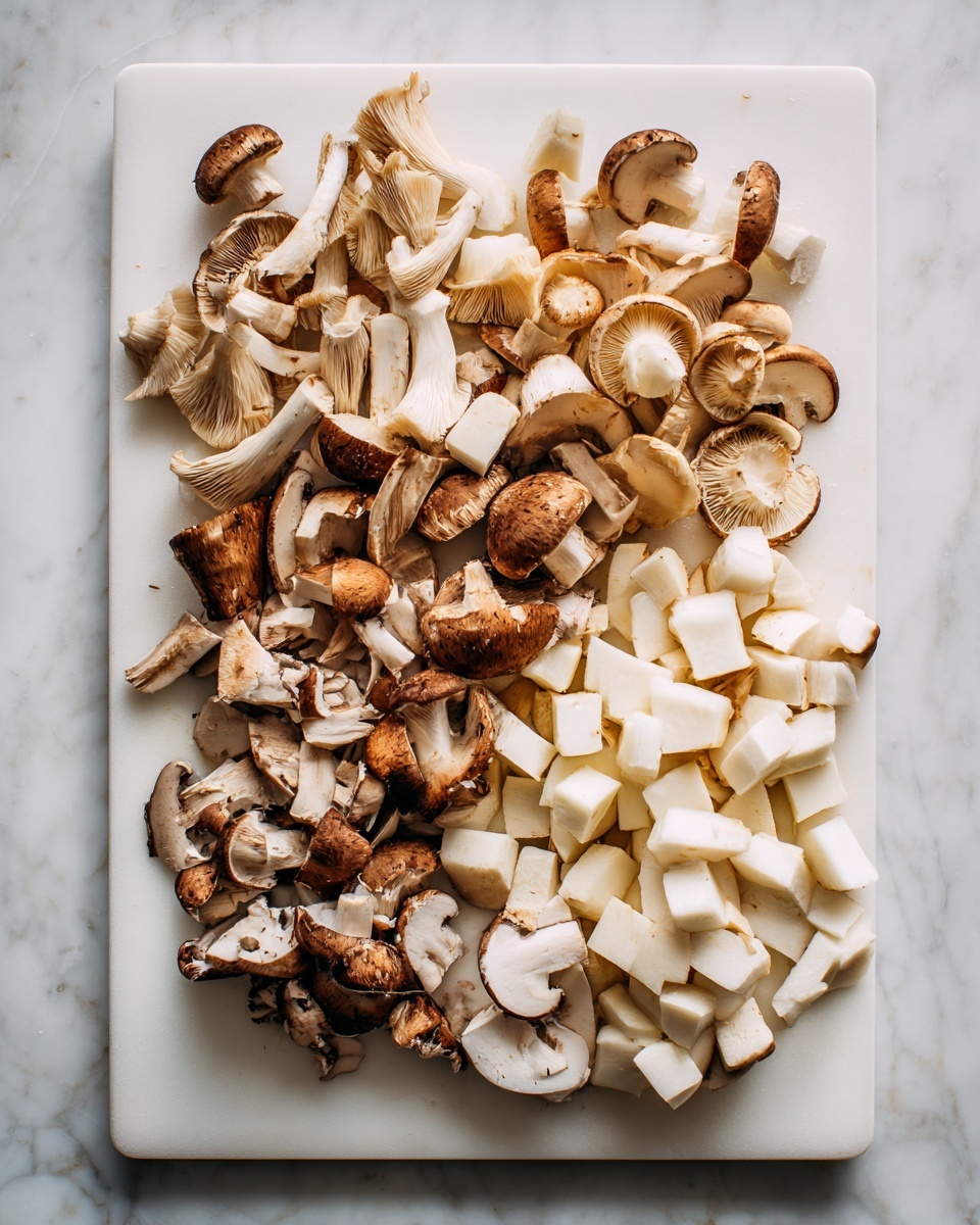 A white cutting board filled with many pieces of mushrooms in different shapes and sizes. The mushrooms are mostly light brown with white inside, showing a mix of halves, quarters, and chunks spread evenly across the board. Some mushroom slices are stacked closer together toward the right side, while smaller diced pieces cluster more toward the middle left. The texture is fresh and soft with visible gills and caps on the mushrooms. The cutting board rests on a white marbled surface. photo taken with an iphone --ar 4:5 --v 7