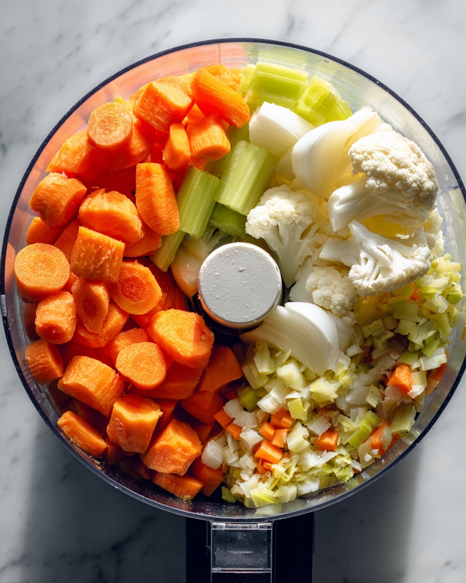This image shows two close-up views inside a clear food processor bowl placed on a white marbled surface. On the left side, there are large pieces of vegetables including bright orange carrots cut into chunks, pale green celery sticks, a few off-white pieces of cauliflower, and thick slices of white onion all arranged around the white food processor blade in the center. On the right side, the same vegetables have been finely chopped into small, mixed pieces, displaying a colorful blend of orange, white, pale green, and light yellow bits inside the clear bowl around the white blade. The lighting is bright and natural, highlighting the freshness and texture of the vegetables photo taken with an iphone --ar 4:5 --v 7