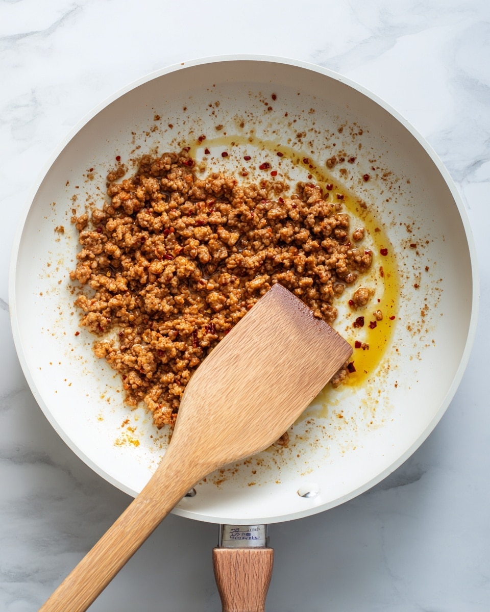 In a white pan, there is one layer of cooked minced meat. The meat is browned with small spots of red spices on it. A wooden spatula with a smooth texture rests partly on the cooked meat inside the pan. Around the edges of the pan, some brown and golden oil is visible. The pan sits on a white marbled surface. photo taken with an iphone --ar 4:5 --v 7