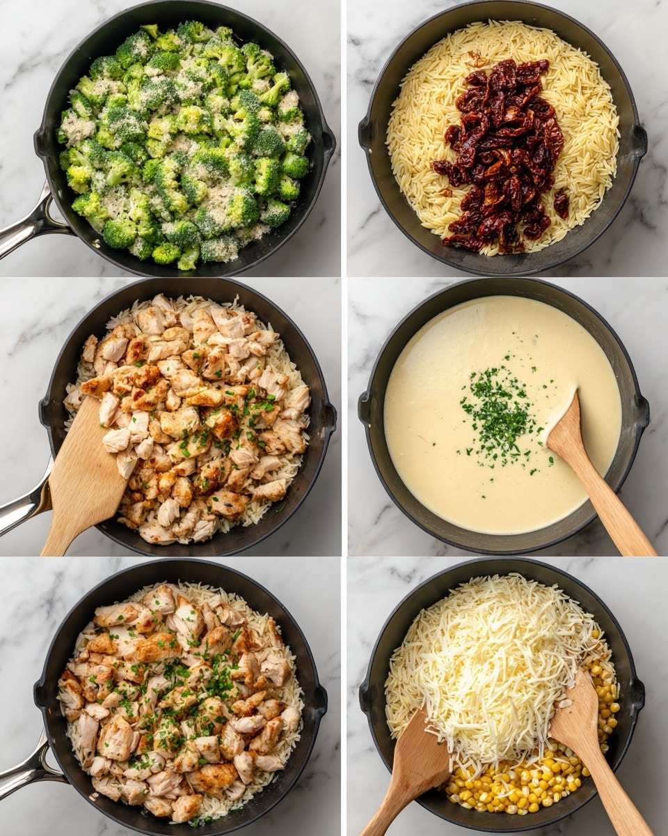 The image shows a six-step cooking process in a black pan on a white marbled surface. The first layer is made of small green broccoli pieces mixed with light brown cooked chicken chunks, with a wooden spatula on the right side. Next, a layer of pale yellow orzo pasta and a dark red-brown sun-dried tomato pile are added on top of the broccoli and chicken mix. The third layer shows a thick light yellow sauce poured over the mixture with some chopped green herbs added on top. Then, a layer of yellow corn kernels is mixed into the sauce along with the chicken and broccoli. In the fifth step, shredded white cheese is scattered over the creamy mixture with some visible corn and chicken pieces around. Finally, the dish is fully mixed, revealing a light brown rice-based layer with chicken, corn, and green herbs scattered on top near a wooden spatula. Photo taken with an iphone --ar 4:5 --v 7