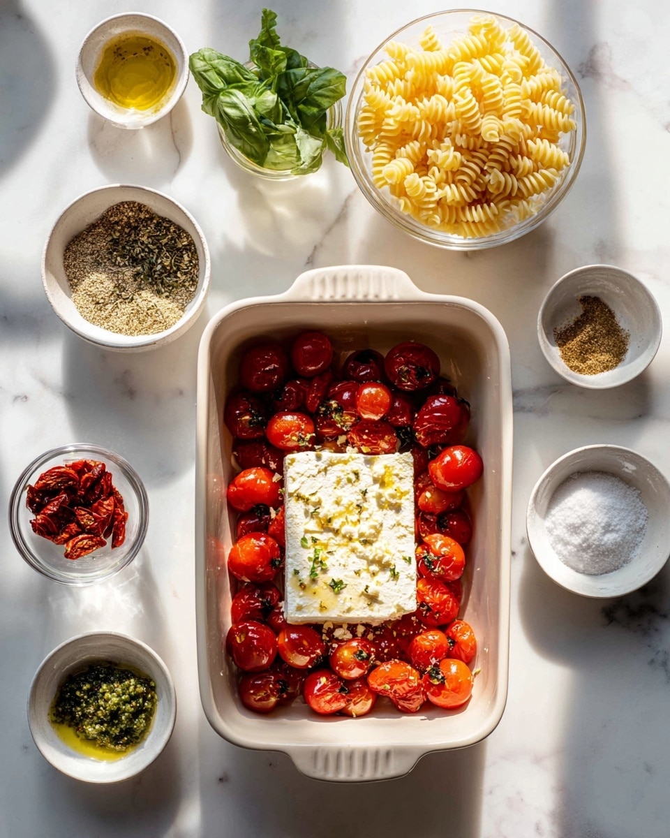 The image shows a white rectangular baking dish filled with small red cherry tomatoes that are coated with a mixture of herbs and spices, giving them a slightly textured look. In the center of the dish, there is a single block of white cheese sitting on top of the tomatoes. The herbs add specks of green and dark colors scattered through the tomatoes. The edges of the tomatoes look slightly shiny from oil or dressing. The dish is set on a white marbled surface. photo taken with an iphone --ar 4:5 --v 7