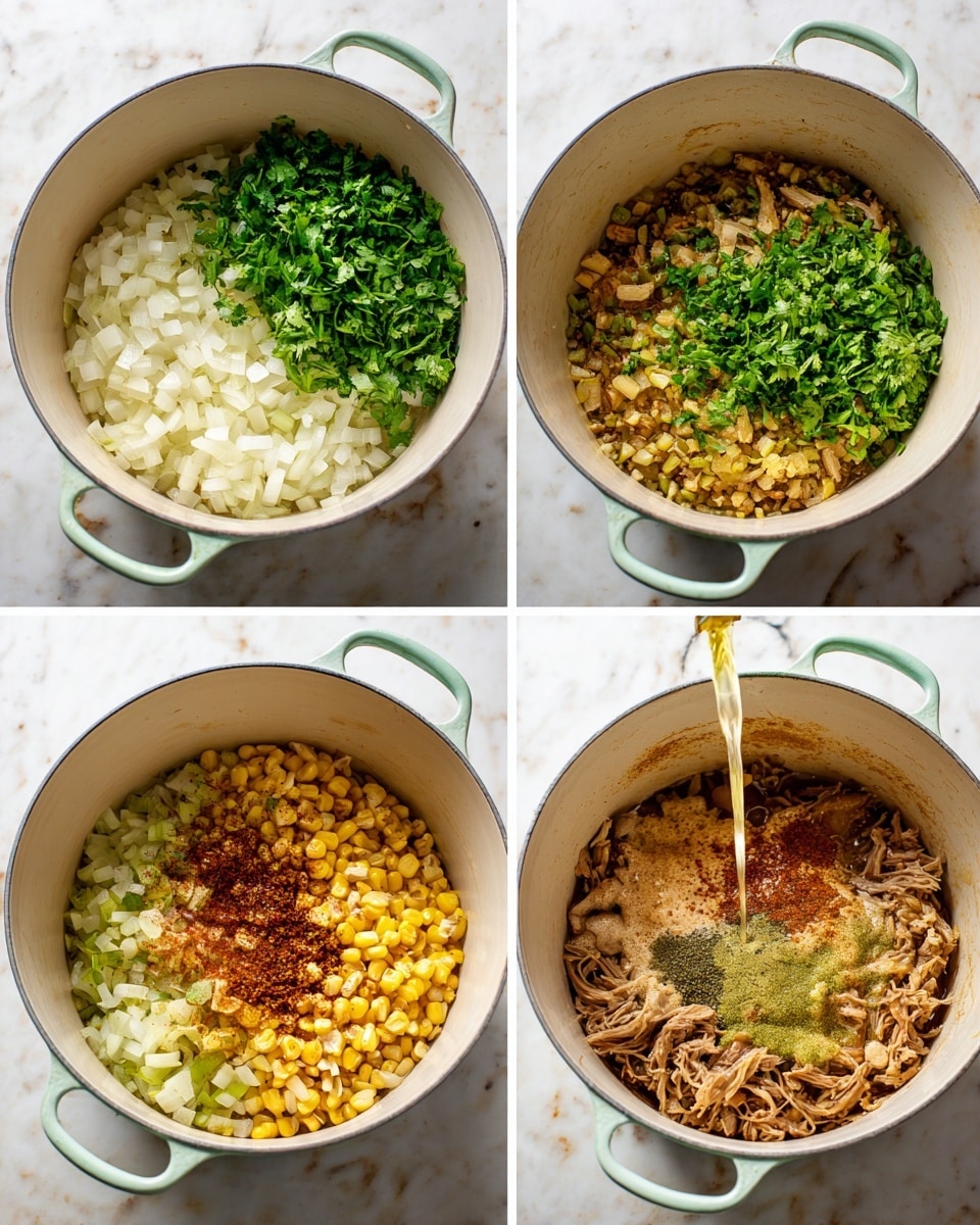 A white plate filled with shredded light beige cooked chicken sits at the top right, showing fibrous texture. Below the plate, there are eight small white bowls arranged closely in a loose cluster on a white marbled surface: one bowl with smooth yellow corn kernels, one with light tan white beans, one with bright green fresh cilantro leaves, a clear bowl with white chopped onion pieces, a bowl filled with white creamy yogurt, and one bowl with dark green sliced jalapeños. A small oval white dish holds grated pale yellow ginger, and a white bowl in front has different spices in sections - red and black powders, white salt, and green herbs. A glass measuring cup of thick yellow-green sauce stands near the top left next to a copper spoon with amber liquid inside. The photo taken with an iphone --ar 4:5 --v 7