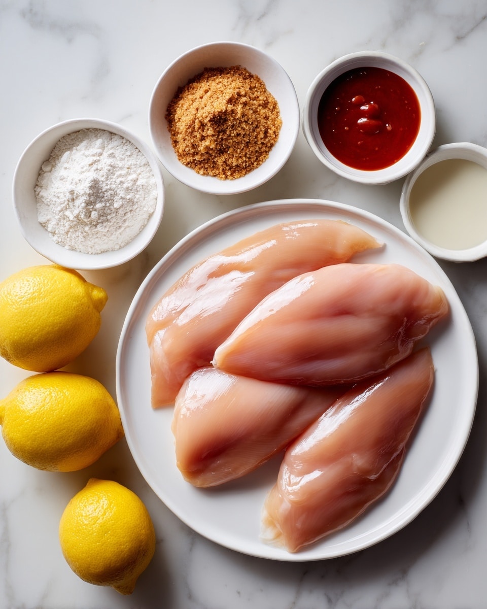 A white plate holds four raw chicken fillets with a shiny, smooth texture and pale pink color, placed in the center of the image. Above and beside the plate are five small white bowls, each containing different ingredients: brown sugar with a grainy texture, white flour with a powdery look, clear liquid, red sauce with a smooth and thick texture, and a milky white liquid. At the bottom left of the image, two whole bright yellow lemons rest on a white marbled surface, adding vibrant color contrast. The photo taken with an iphone --ar 4:5 --v 7