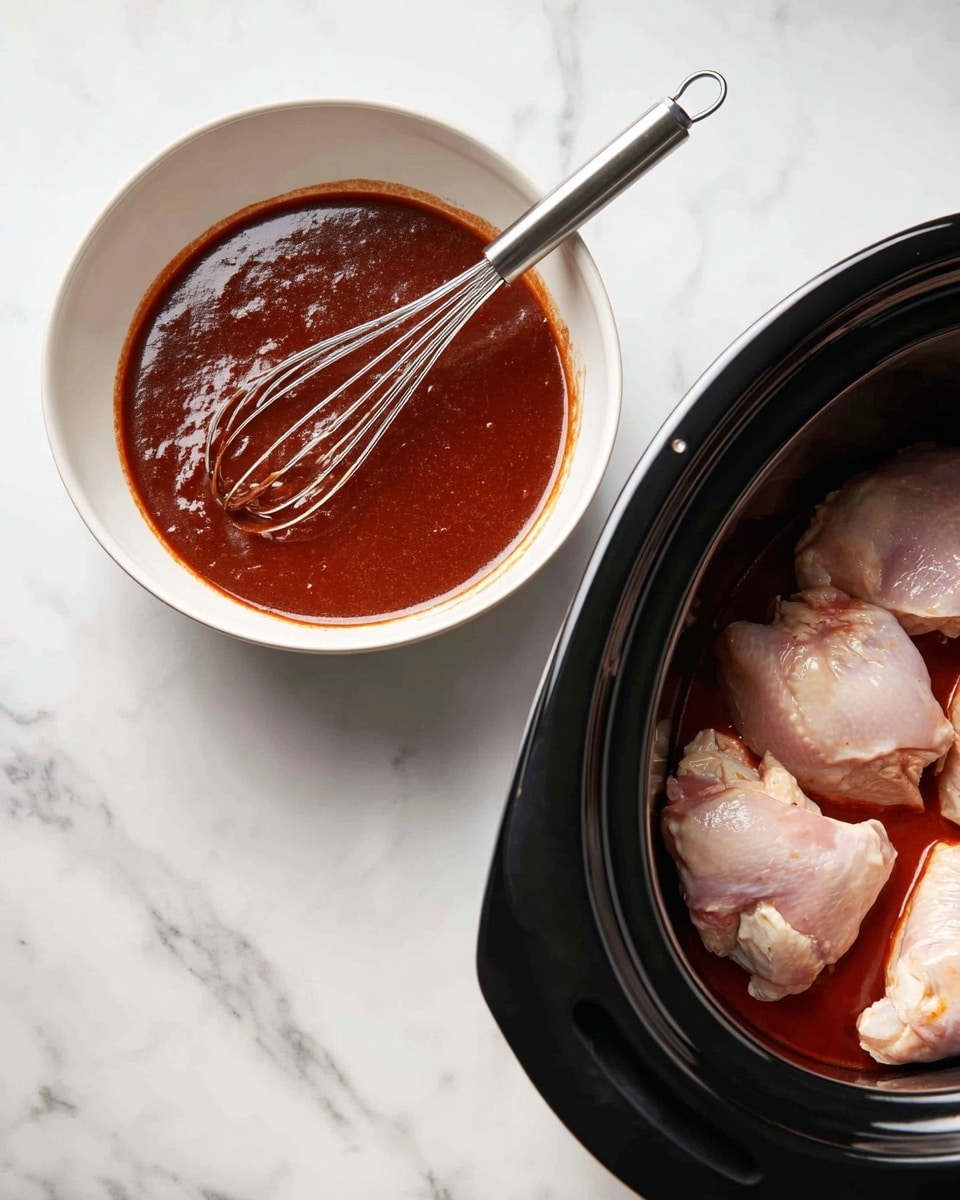 The image shows two side-by-side pictures on a white marbled surface. On the left, there is a white bowl filled with a smooth, dark reddish-brown sauce with a shiny texture. A metal whisk is partially dipped into the sauce, resting inside the bowl. On the right, there is a black slow cooker with four raw, pale pink chicken pieces inside, covered partially by a thin layer of the same reddish sauce seen in the bowl. The surface of the chicken is glossy with slight reflections from the sauce. Photo taken with an iphone --ar 4:5 --v 7