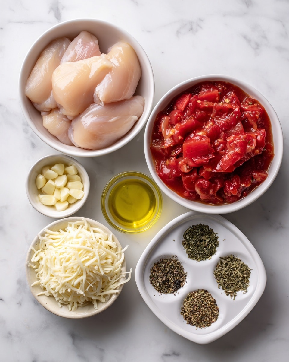 The image shows six bowls arranged on a white marbled surface. In the largest white bowl at the bottom left, there are five raw pale pink pieces of chicken layered closely together, showing smooth, slightly shiny texture. Above it to the right is a white bowl filled with bright red tomato chunks in thick sauce, showing a glossy, wet appearance. Next to it on the right is another white bowl filled with off-white shredded cheese, appearing soft and slightly curly. Below the tomato bowl is a small clear glass bowl with light yellow olive oil, smooth and shiny. In the lower right corner is a white bowl divided into six sections containing various dried herbs and spices in colors of green, black, white, and brown, with a coarse texture. At the bottom left is a small white bowl filled with small yellow chopped garlic pieces, showing a moist texture. photo taken with an iphone --ar 4:5 --v 7