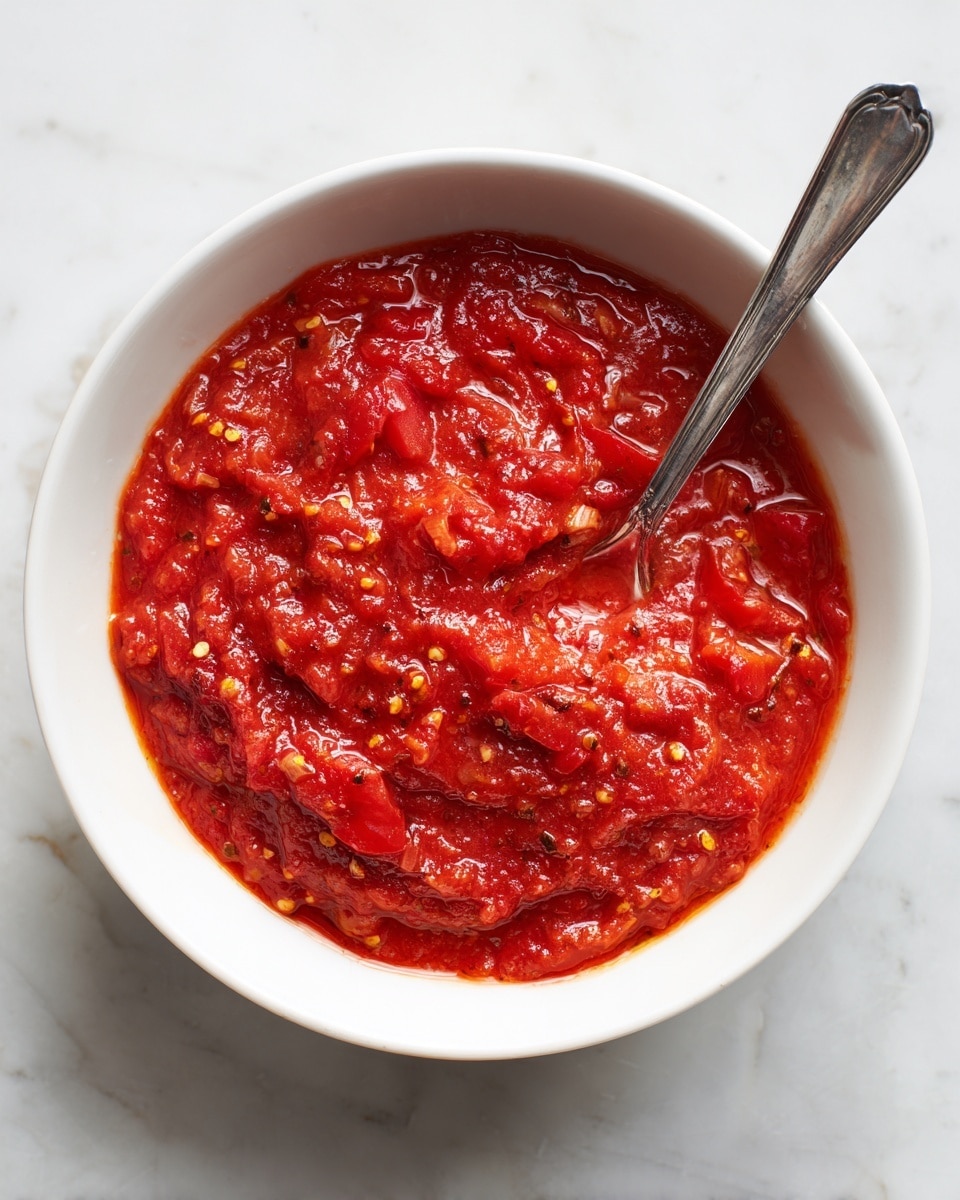 A white bowl filled with a thick, bright red tomato sauce that has visible chunks of tomato and small bits of herbs spread throughout. The sauce has a shiny, smooth texture with some uneven, chunky parts. A silver spoon rests inside the bowl, partly submerged in the sauce. The bowl sits on a white marbled surface that adds a subtle textured background. photo taken with an iphone --ar 4:5 --v 7