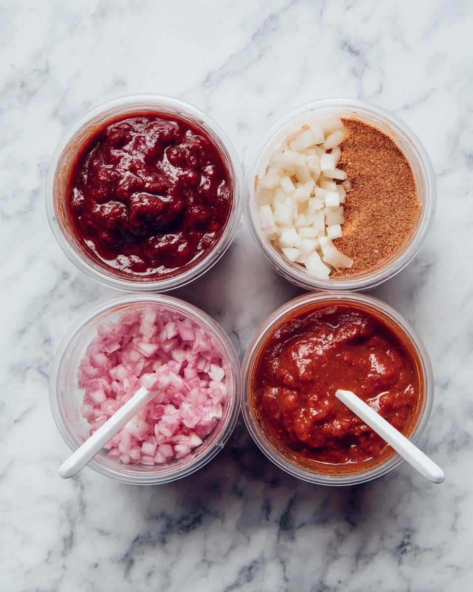 The image shows two clear round containers on a white marbled surface, both viewed from above. The first container is divided into four parts: in the top left is a thick dark red sauce with a chunky texture, the top right has small off-white chopped pieces, the bottom right contains a light brown ground powder, and the bottom left has small pink chopped pieces. The second container shows a thick, evenly mixed red sauce with a chunky texture filling the container completely. Both containers have white plastic blades in the center. photo taken with an iphone --ar 4:5 --v 7