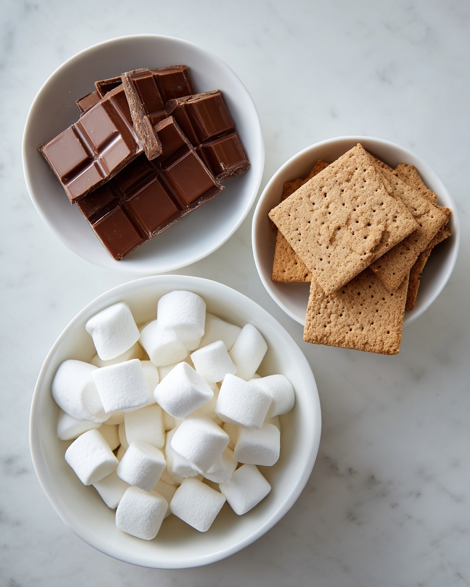 The image shows three white bowls placed on a white marbled surface. The top bowl contains several broken pieces of Hershey's milk chocolate bars neatly stacked. The bottom right bowl holds a small pile of rectangular graham crackers with a light brown, slightly textured surface, evenly layered. The bottom left bowl is filled with large, soft white marshmallows that have a smooth, puffy texture. Photo taken with an iphone --ar 4:5 --v 7