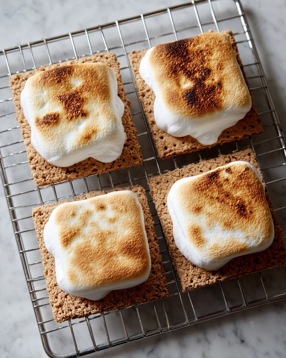 Four toasted marshmallows sit on top of four square brown graham crackers arranged on a silver metal cooling rack. Each marshmallow is lightly browned on the top, showing a soft, puffy texture with a golden tan color. The crackers underneath have a rough, crumbly texture and are evenly browned. The rack is placed over a white marbled surface. photo taken with an iphone --ar 4:5 --v 7