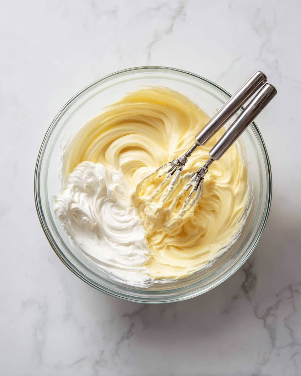 A clear glass bowl sits on a white marbled surface, showing two stages of making a creamy mixture. In the left part of the image, a thick, pale yellow layer of cream cheese and a white layer of sugar sit side by side, with an egg white adding a slight shine. On the right side, the bowl now holds a smooth, light yellow creamy mixture with soft swirls, while two silver beaters from an electric mixer rest inside, partially covered in the mixture. Photo taken with an iphone --ar 4:5 --v 7