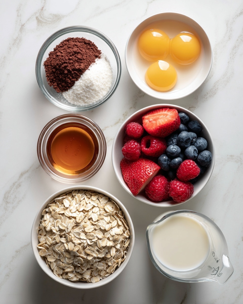 The image shows six separate bowls and containers placed on a white marbled surface. On the top left, a small clear glass bowl holds a dark brown powder and white granules. Next to it on the right, a white bowl contains two cracked eggs with bright yellow yolks and clear egg whites. Below, a white bowl is filled with fresh red raspberries, sliced strawberries, and whole blueberries, showing vibrant reds and blues. To the right of the berries, a small clear glass bowl holds a golden amber liquid. At the bottom left, a white bowl is full of uncooked rolled oats, light beige in color and flat in texture. To its right, a clear measuring cup contains a white liquid, likely milk. The overall display is clean and organized with a focus on natural colors and textures. photo taken with an iphone --ar 4:5 --v 7