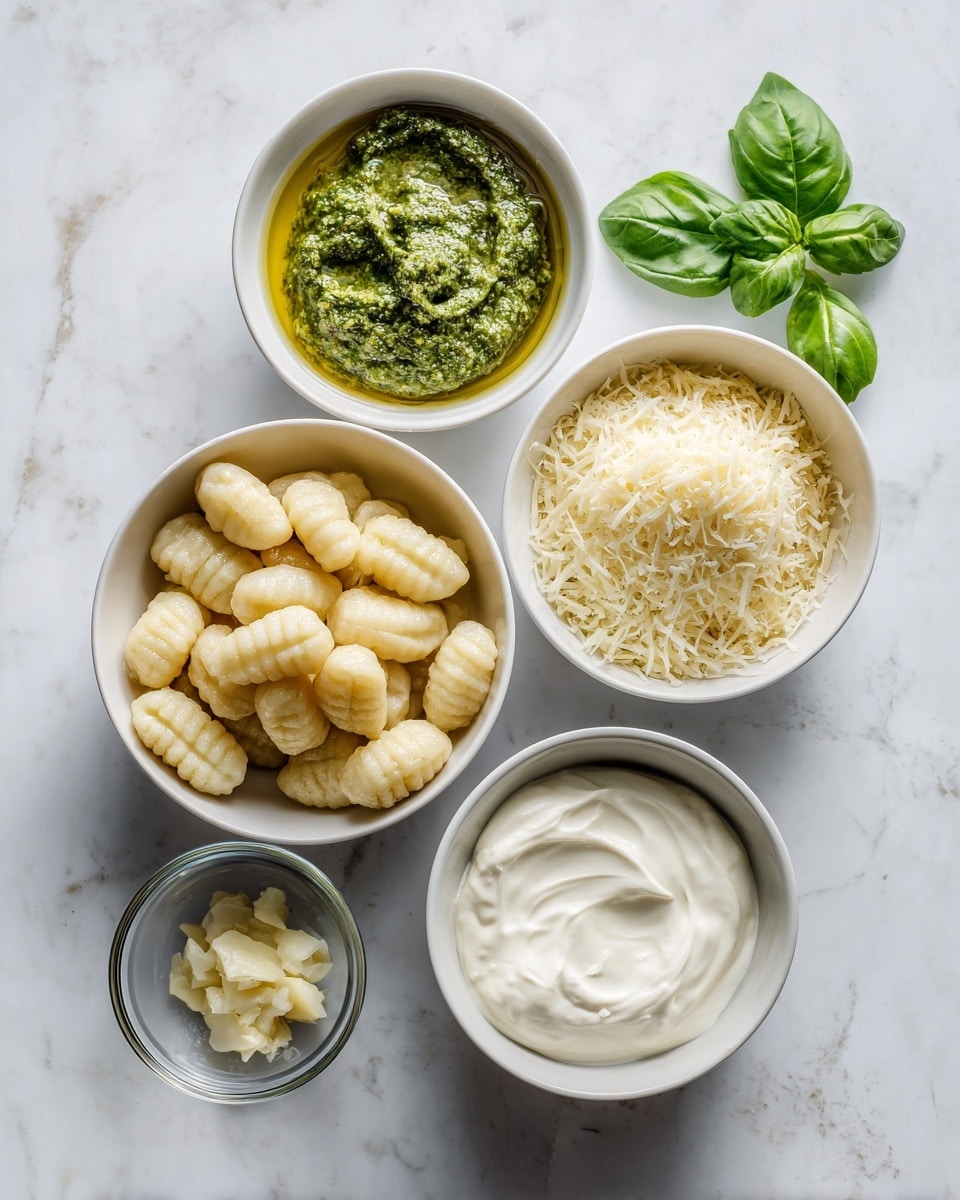 The image shows five white bowls arranged on a white marbled surface. The largest bowl at the bottom holds light beige gnocchi with a soft, ridged texture. Above it, to the left, is a medium white bowl filled with green pesto sauce sitting in golden oil. To the right of the pesto bowl is another medium white bowl filled with fine grated cheese, pale yellow in color. At the top center, there is a larger white bowl containing smooth, white cream. To the right of the cheese bowl is a small clear bowl with a small amount of chopped garlic, pale yellow. Fresh green basil leaves lie next to the small bowl. photo taken with an iphone --ar 4:5 --v 7