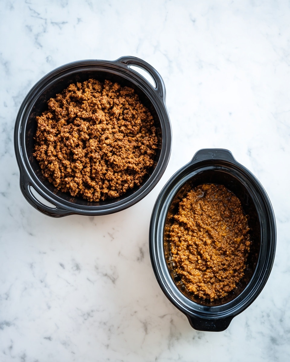 The image shows two parts with cooked ground meat in black cooking pots on a white marbled surface. The left part displays a round black pan filled evenly with finely crumbled brown cooked ground meat, showing a textured surface with small, uniform chunks. The right part shows a black slow cooker pot with the same type of brown cooked ground meat inside, spread flat and steaming slightly. Both pots have handles and sit directly on the white marbled surface. photo taken with an iphone --ar 4:5 --v 7