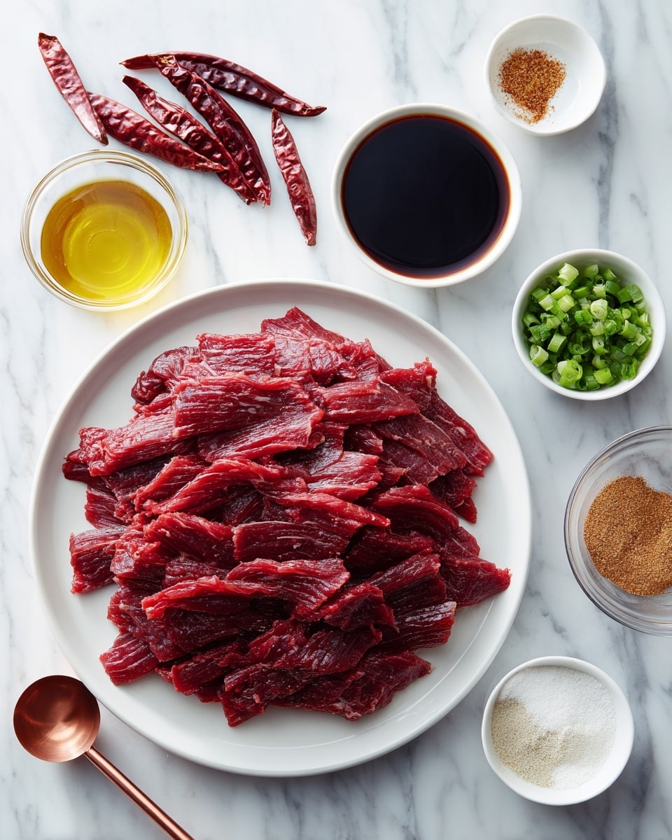 A white round plate filled with many strips of raw red meat is placed on a white marbled surface. Around it, there are small white bowls and glass containers holding various ingredients: bright green chopped scallions, dark soy sauce in a copper measuring cup, golden oil in a clear glass bowl, and a white bowl with three different light brown powders and white powder arranged in separate sections. To the left, some dried red chili peppers lie on the surface next to a copper measuring spoon. The setting is neat and bright, showing all ingredients before cooking photo taken with an iphone --ar 4:5 --v 7