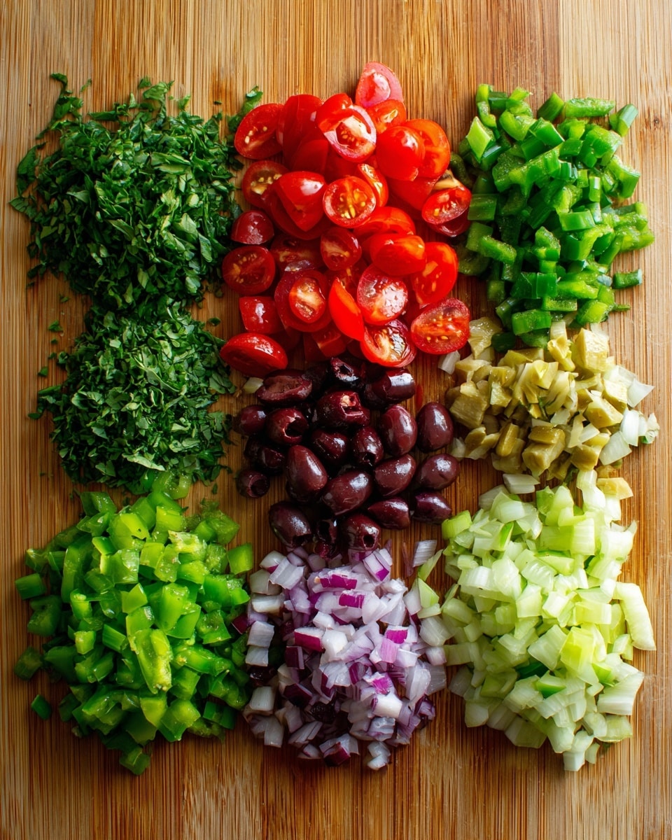 On a light brown wooden cutting board, there are six small groups of chopped ingredients arranged in a neat row. From left to right, vibrant green herbs with leafy and small stem textures, dark green cut into short thick pieces, bright red cherry tomatoes sliced into round pieces showing seeds, deep purple chopped olives in small bits, and light green pieces of bell pepper, each with some white inside parts. The image brightens the fresh colors and soft textures of the vegetables and herbs on the light wooden surface. photo taken with an iphone --ar 4:5 --v 7