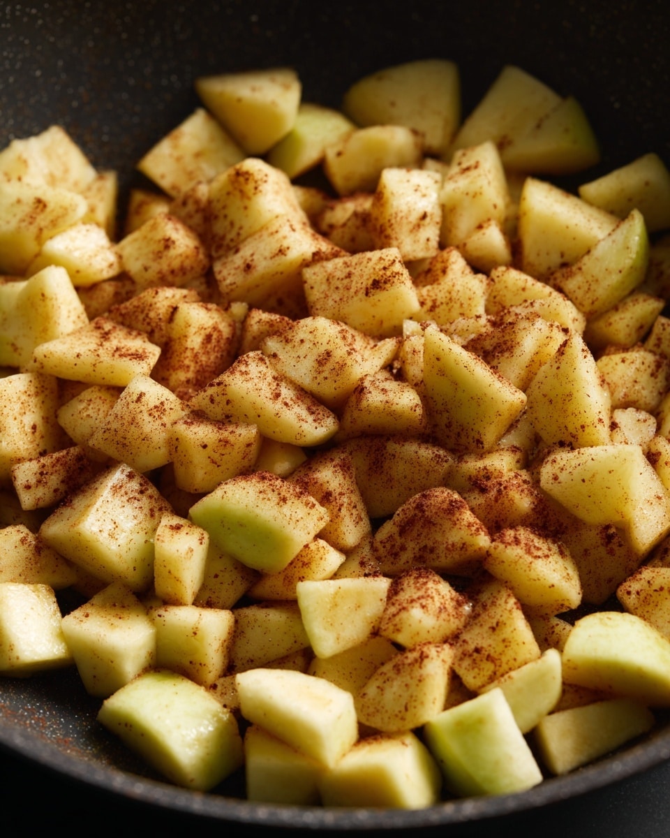 The image shows a close-up of a black pan filled with small pieces of peeled apples mixed with cinnamon. The apple pieces are light yellow with a soft texture, each coated lightly in brown cinnamon powder. The pieces are unevenly shaped and piled covering the pan’s surface. The black pan contrasts with the apples making their light color stand out. photo taken with an iphone --ar 4:5 --v 7
