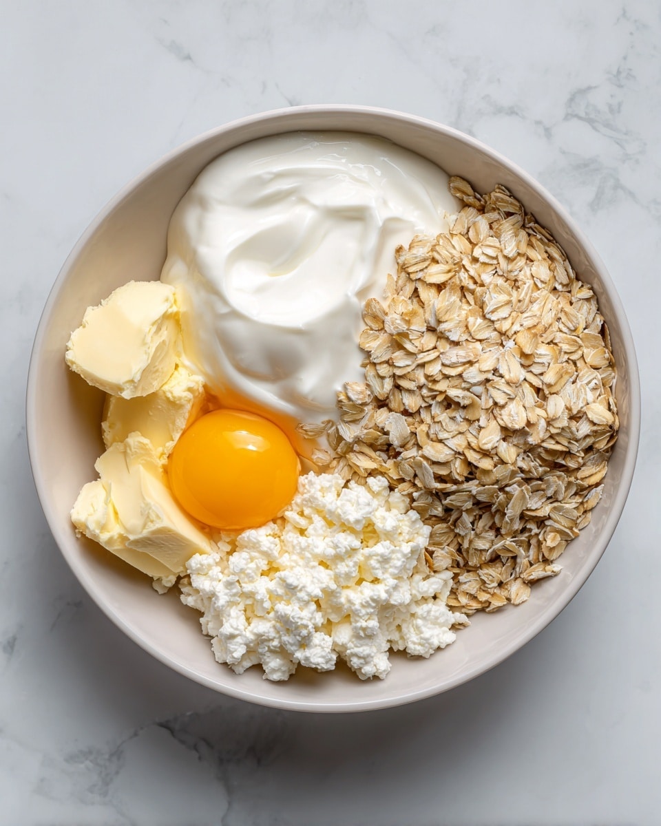 A white bowl sits on a white marbled surface, filled with several distinct ingredients arranged in separate sections. On the right half, there is a heap of light brown rolled oats with a dry, grainy texture. To the left of the oats, there's a smooth dollop of white yogurt next to the oats. Below the yogurt, there are small, crumbly white curds of cottage cheese. In the bottom left quadrant of the bowl, two pale yellow chunks of butter sit close to a single, bright orange egg yolk that is intact, resting in the clear egg white. Photo taken with an iphone --ar 4:5 --v 7