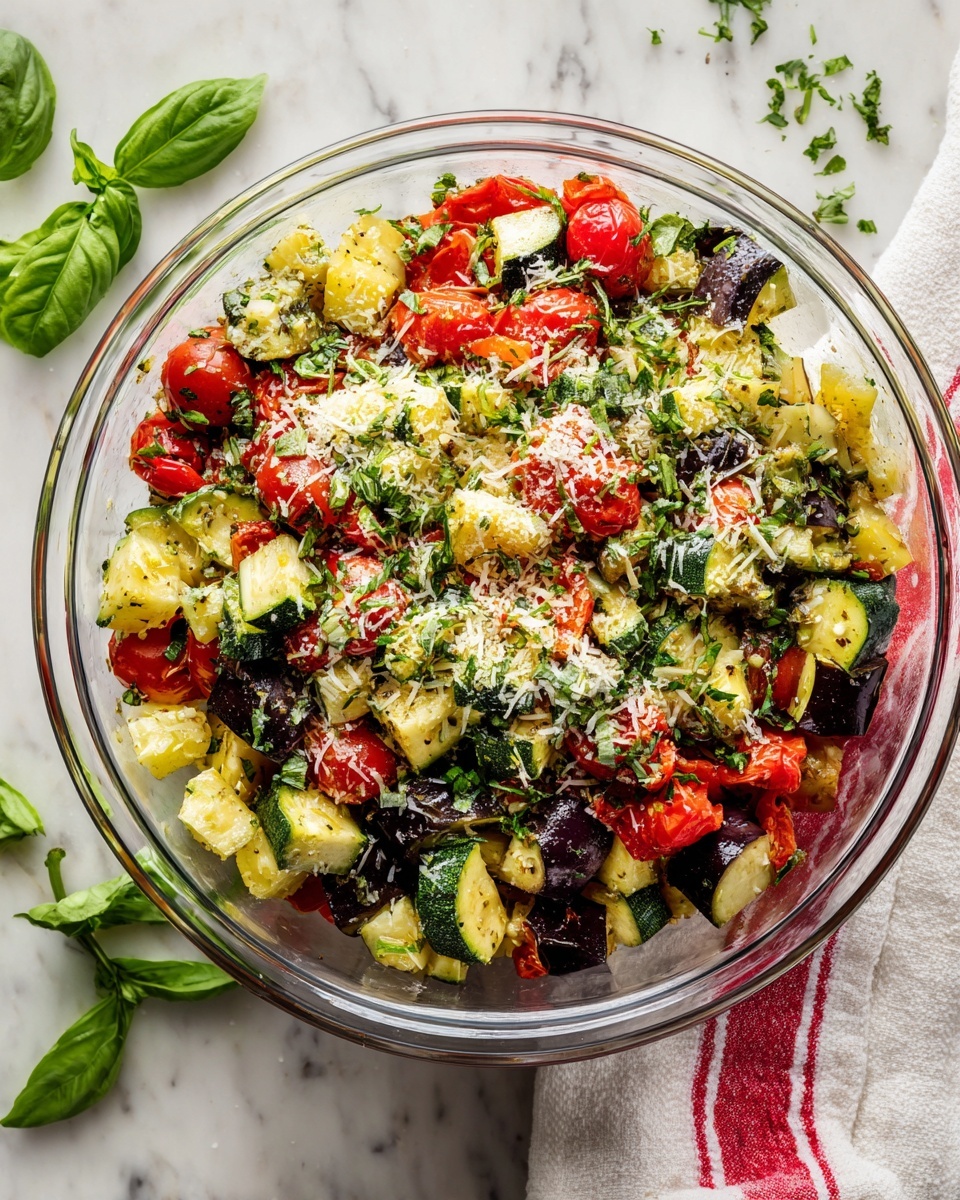 The image shows a white baking dish with a light blue rim filled with a colorful vegetable bake. The dish has a mix of chopped vegetables including dark purple eggplant pieces, bright red cherry tomato halves, and green zucchini chunks. These vegetables are mixed with small bits of melted cheese that appear soft and slightly yellowish. Fresh green herbs, likely parsley, are sprinkled on top, adding a fresh look. The dish sits on a white marbled surface, with a green zucchini and a few cherry tomatoes blurred in the background. Photo taken with an iphone --ar 4:5 --v 7