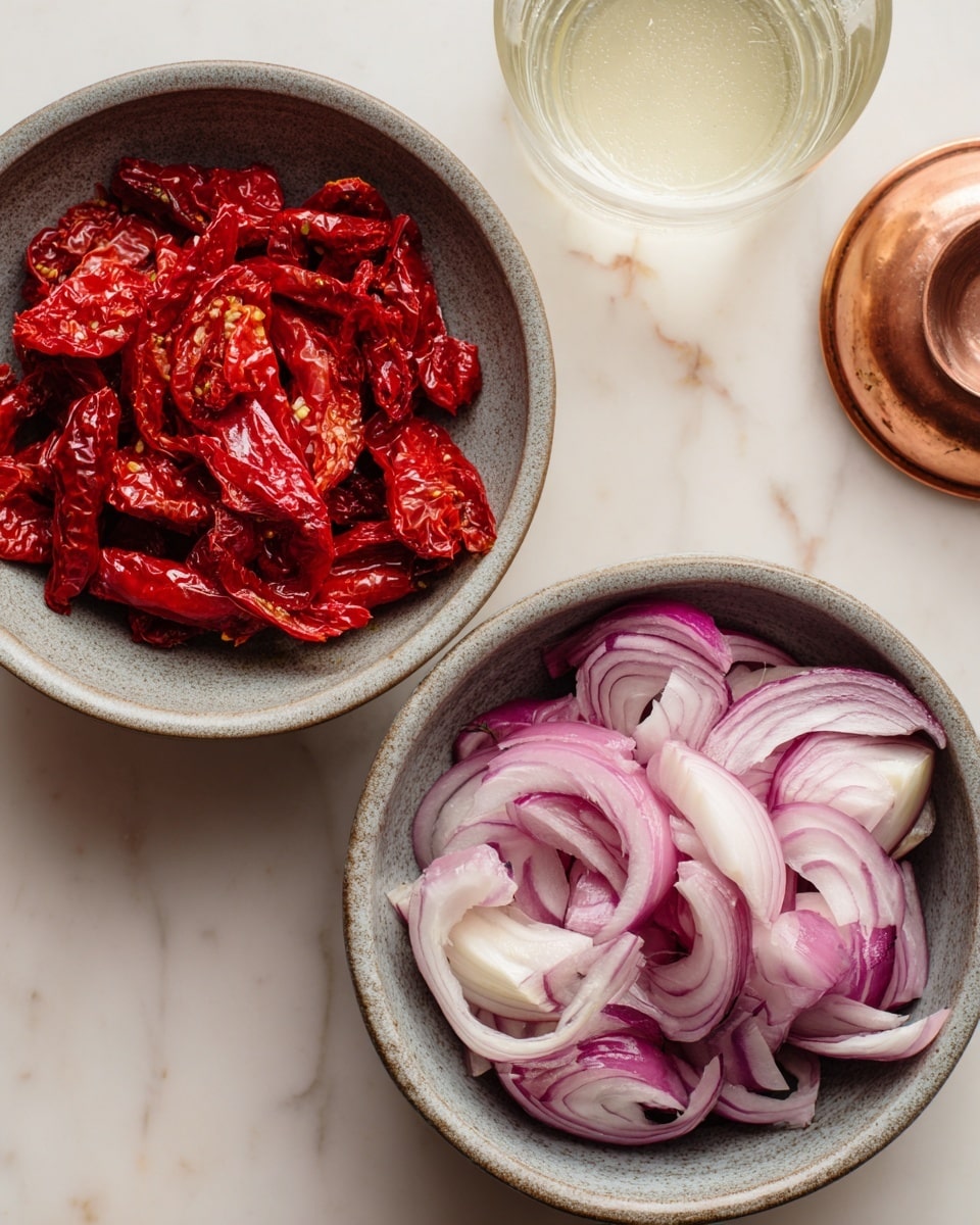 The image shows two gray bowls on a white marbled surface. The bowl on the left holds small pieces of bright red, dried tomatoes with a slightly wrinkled texture. The bowl on the right contains thinly sliced red onions, pale purple and white with a shiny, moist appearance. There is a glass with white liquid and a copper lid nearby but no plate. Photo taken with an iphone --ar 4:5 --v 7