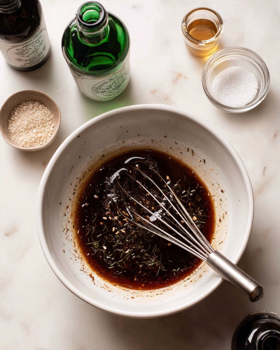 A white mixing bowl sits on a white marbled surface, filled with a dark brown, slightly thick liquid speckled with herbs. Inside the bowl, a silver whisk is partially immersed in the mixture, with some of the liquid clinging to its wires. Around the bowl are various small containers and bottles: a dark green bottle with a white label to the upper left, a small glass cup filled with white granules near the top right, a short glass container with a beige lid next to it, and a dark bottle with a stopper to the right side. The scene has soft natural lighting highlighting the textures of the bowl and the liquid inside. Photo taken with an iphone --ar 4:5 --v 7