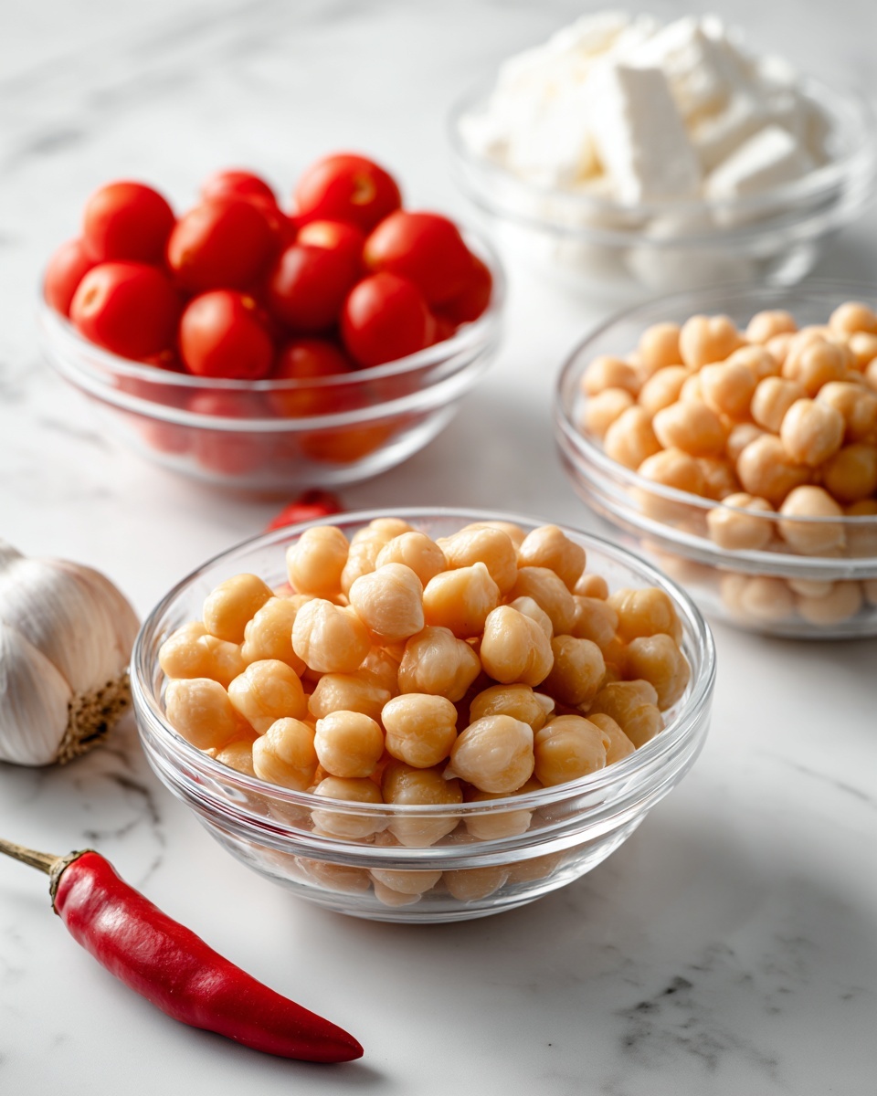 The image shows a white square baking dish filled with whole red cherry tomatoes that look fresh and shiny. In the center, there are two large white blocks of feta cheese, smooth and slightly crumbly, placed side by side on top of the tomatoes. Small slices of bright red chili peppers are scattered over the cheese, adding a pop of color and texture. The white marbled surface is visible around the dish edges. A woman's hand holds a silver spoon in the top left corner, about to scoop some of the ingredients. photo taken with an iphone --ar 4:5 --v 7