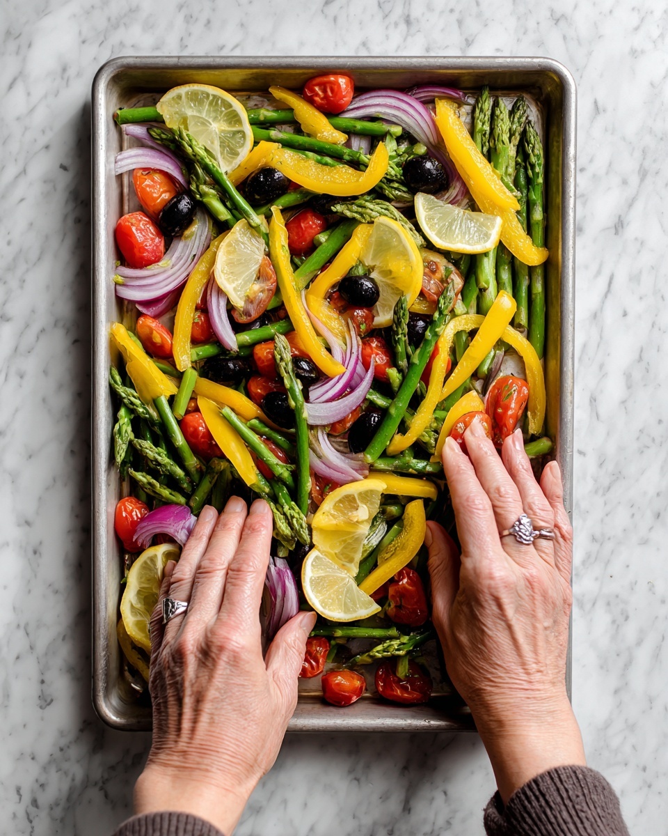 The image shows fresh ingredients arranged on a white marbled surface. There are three layers of white fish fillets placed on parchment paper on a baking tray in the bottom left. Next to the fish, a bunch of green asparagus lies on a folded beige cloth, and to the right of it, a whole yellow lemon sits at the bottom right corner. In the center, a sprig of green parsley lies vertically. Above the parsley, grape tomatoes rest in a white scoop-shaped bowl, and to the right, a yellow bell pepper is cut to show its inside. A halved red onion sits beside the parsley, and further right, a small white bowl contains dark olives. At the top, from left to right, there is a small round bowl of oil, a brown bowl filled with white salt with a small wooden spoon, a glass jar with ground pepper and a tiny wooden spoon, and three cloves of garlic. The photo has bright natural lighting and is taken with an iphone --ar 4:5 --v 7