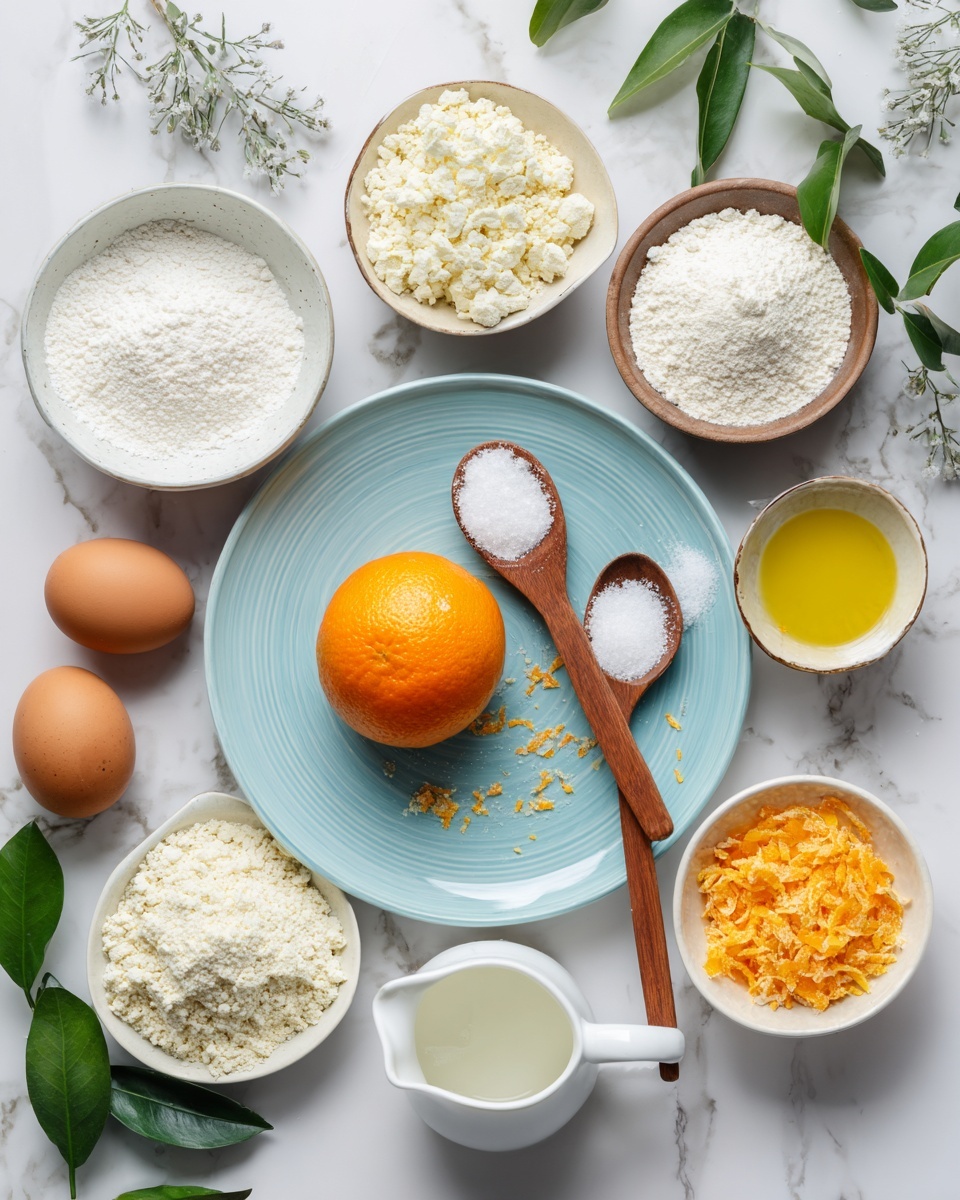 A light blue plate sits in the center with a whole orange fruit and some orange zest scattered around it, along with a wooden spoon holding salt and two small white spoons containing white powder and vanilla extract placed on the plate. Around the plate, there are several white bowls filled with various ingredients: one contains white powdered sugar, another with two brown eggs, a bowl holding finely grated orange peel, a large bowl filled with almond flour, a smaller bowl of flour, a bowl of granulated sugar, one with yellow olive oil, and a small white pitcher containing a golden liquid, all arranged on a white marbled surface with green leaves adding a fresh touch. Photo taken with an iphone --ar 4:5 --v 7
