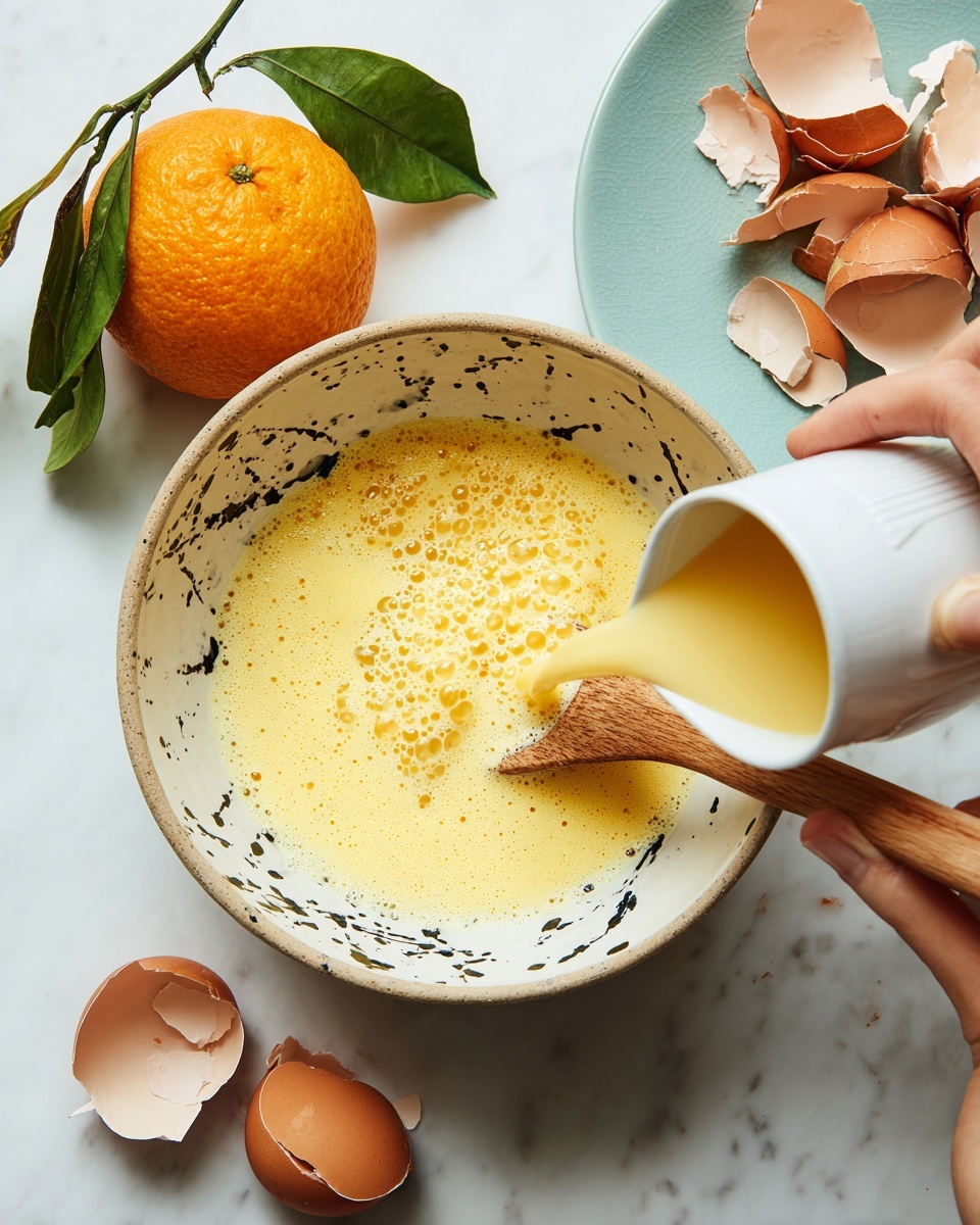 A white bowl with black splatter spots holds a yellow foamy mixture being stirred with a wooden spoon in the middle. A woman's hand is pouring more of the yellow liquid from a white container into the bowl. To the left, there is a whole orange with two green leaves attached. On the right side, some broken brown egg shells rest on a light blue plate. Everything is placed on a white marbled surface. photo taken with an iphone --ar 4:5 --v 7