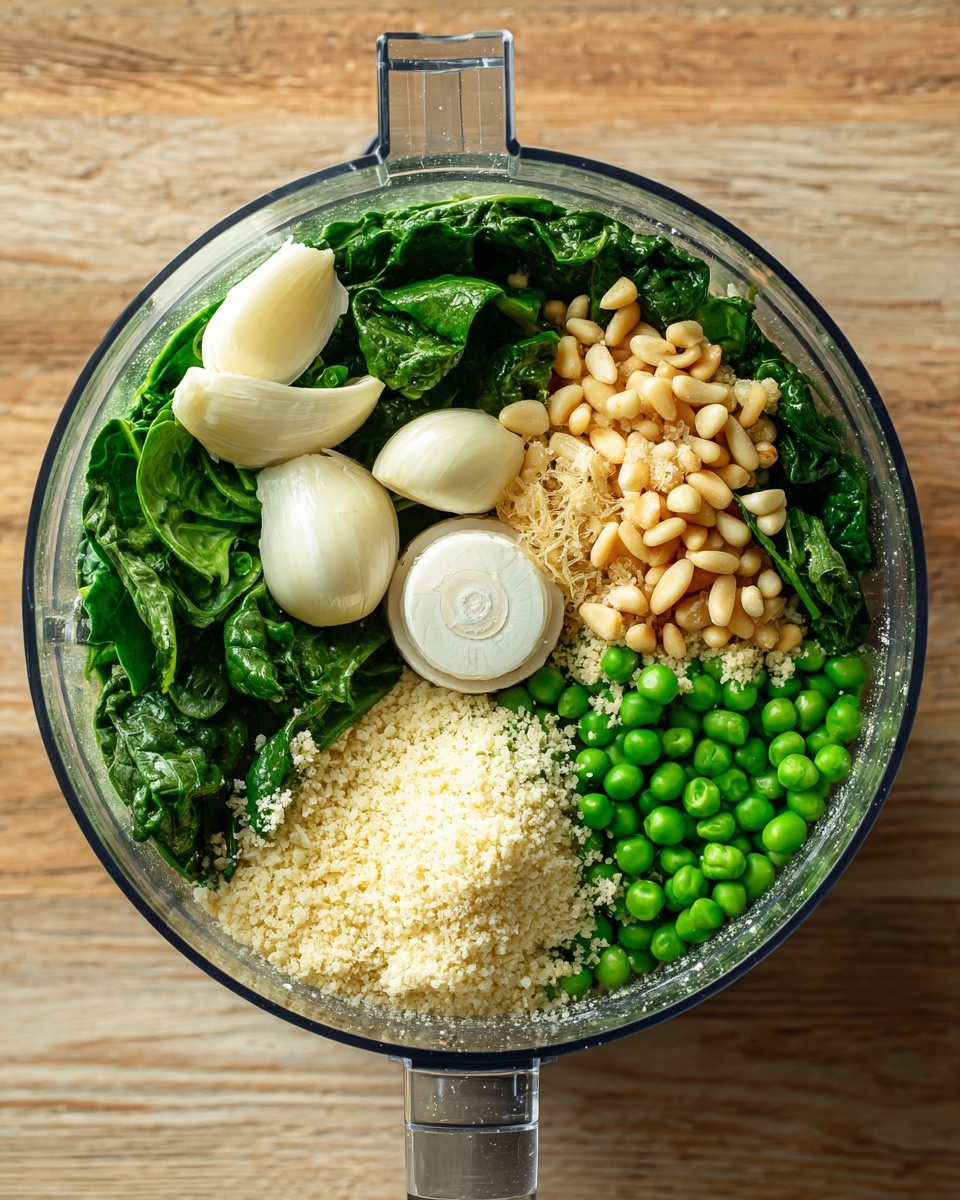 A clear food processor bowl is filled with layers of fresh ingredients. At the base and left side, there are dark green spinach leaves, some larger and some smaller, overlapping each other. On top of the spinach, near the center and left, there are three whole white garlic cloves. Next to the garlic and towards the bottom center, there are bright green peas scattered in a thick layer. To the upper right side of the peas, there is a pile of pale yellow grated cheese or breadcrumbs. On the right side of the bowl, a small cluster of light brown pine nuts sits on top of the other ingredients. The food processor sits on a wooden surface. The overall image has bright, natural lighting and clear detail, photo taken with an iphone --ar 4:5 --v 7